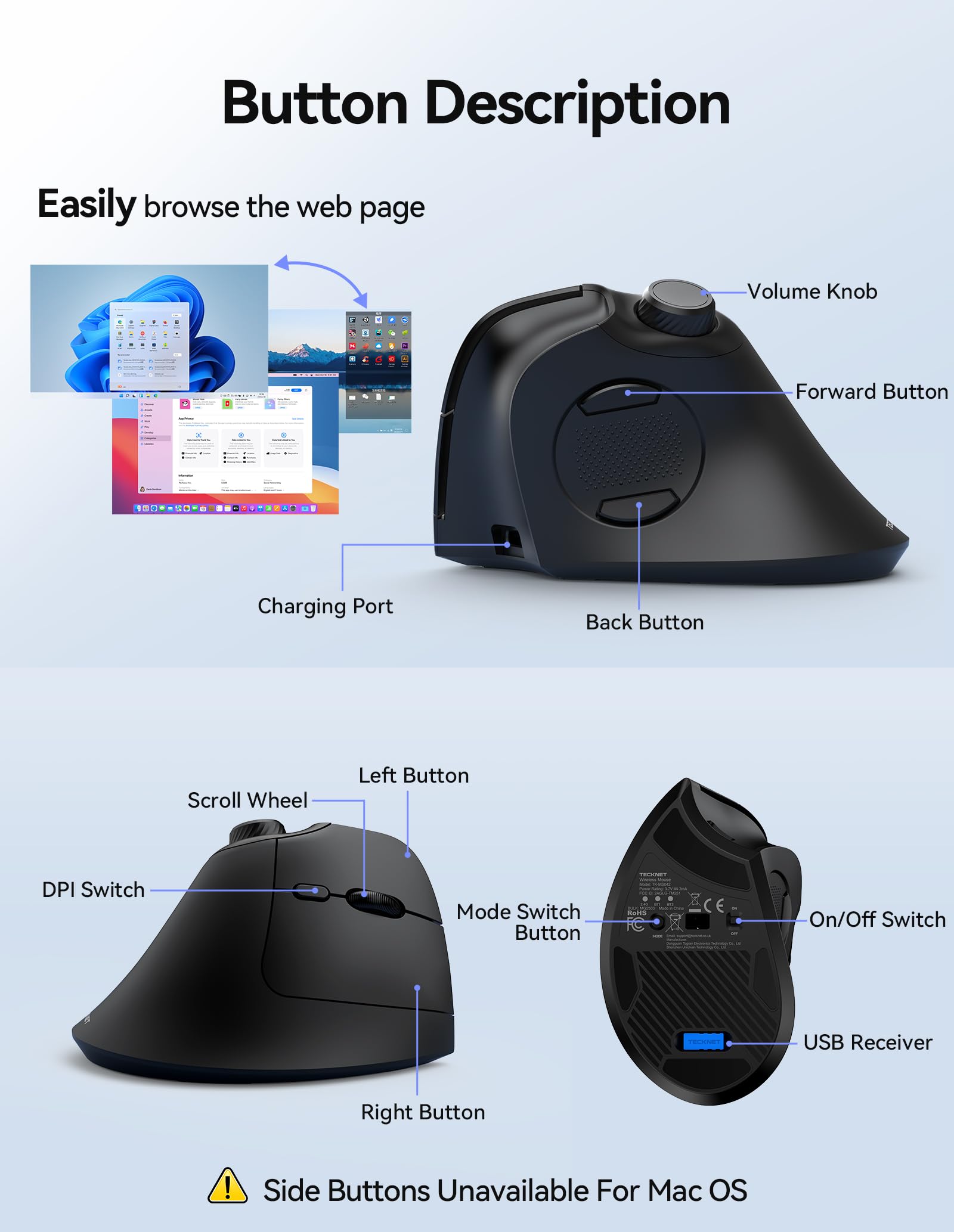 Ratón ergonómico, mouse inalámbrico recargable Bluetooth (BT 5.0/5.0+2.4G), mouse vertical con perilla de volumen, clics silenciosos, ratones inalámbricos 6 DPI ajustables con receptor USB A 8