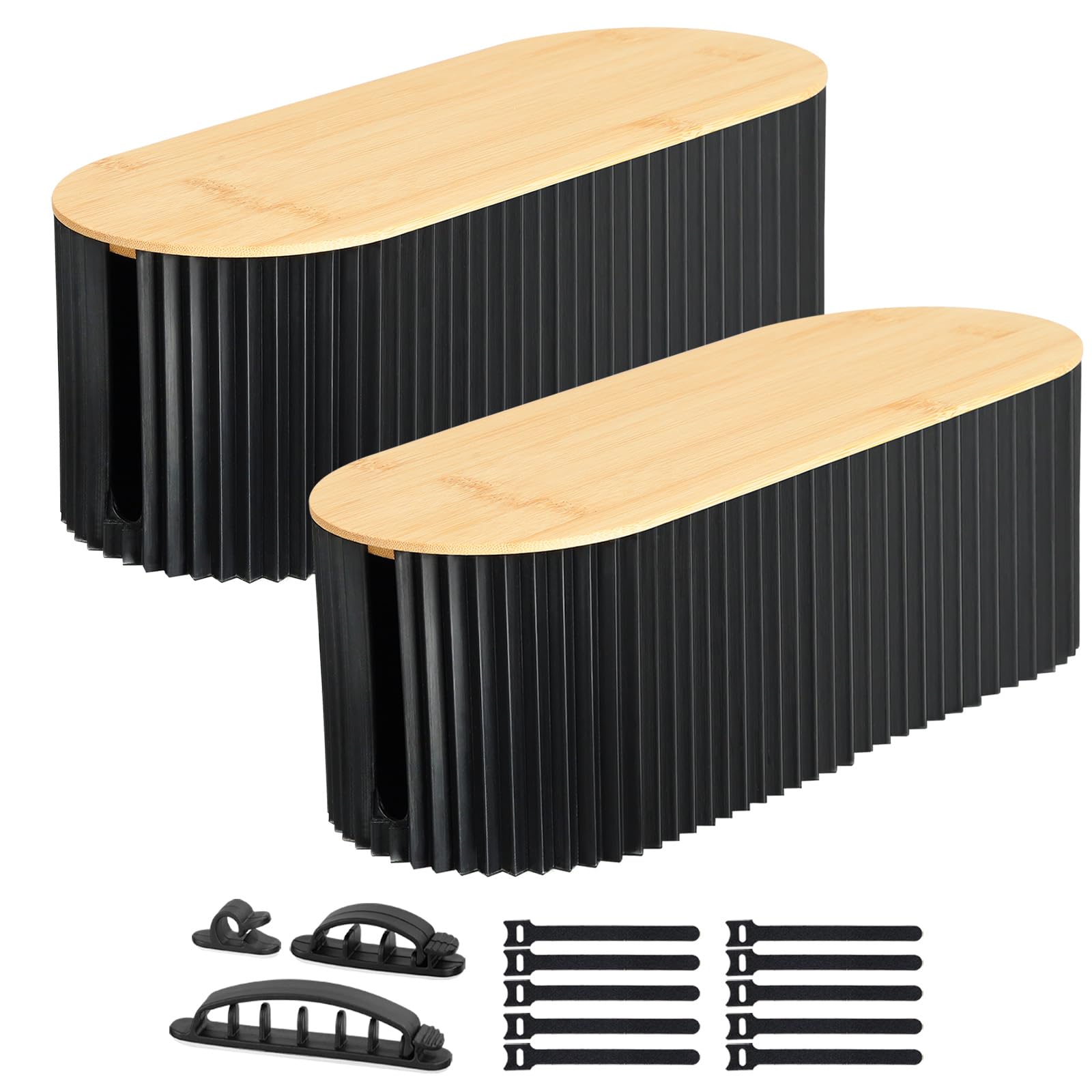Voency 2PCS Cable tidy box,Cables management box with Bamboo Lid Cables Organised Box for Storage Organising Management Desk TV Computer USB Hub Strips Cords Cables Organised Box Black