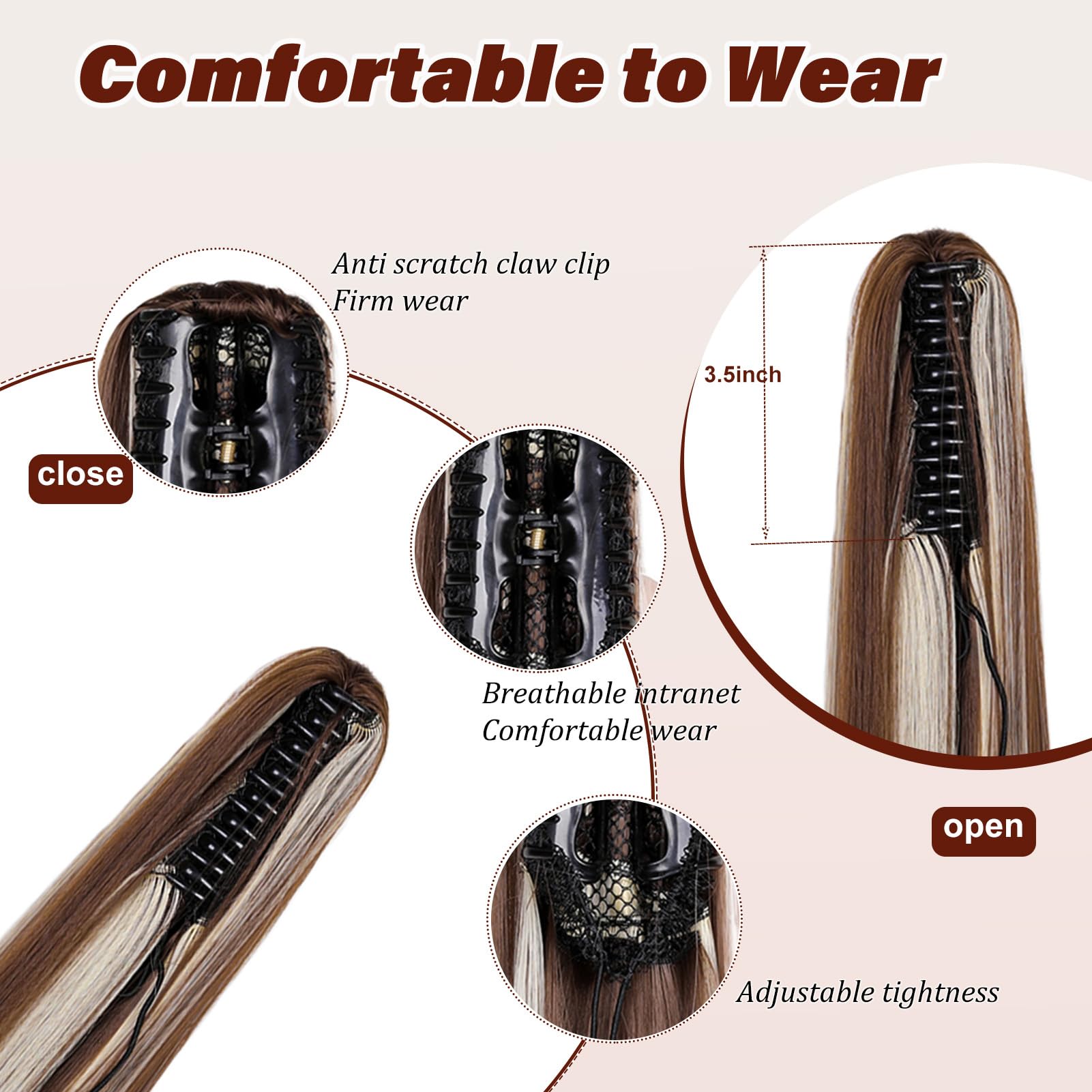 Dcbaboo 22inch Claw Clip in Ponytail Hair Extensions Long Straight Ponytail Extension Synthetic Pony tails Natural Wave One Piece Hairpiece Fake Ponytail for Women Chestnut Brown & Bleach Blonde - Image 2