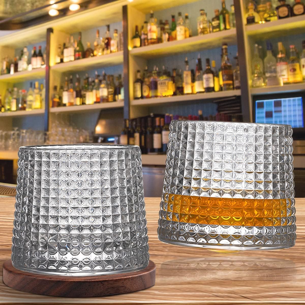 Whiskey Glasses Set of 2, Rotatable Tumbler Crystal Glass Cups, Drinking Glasses with 2Pcs Creative Walnut Coasters and Gift Box - for Scotch,Bourbon,Cocktails - Image 2