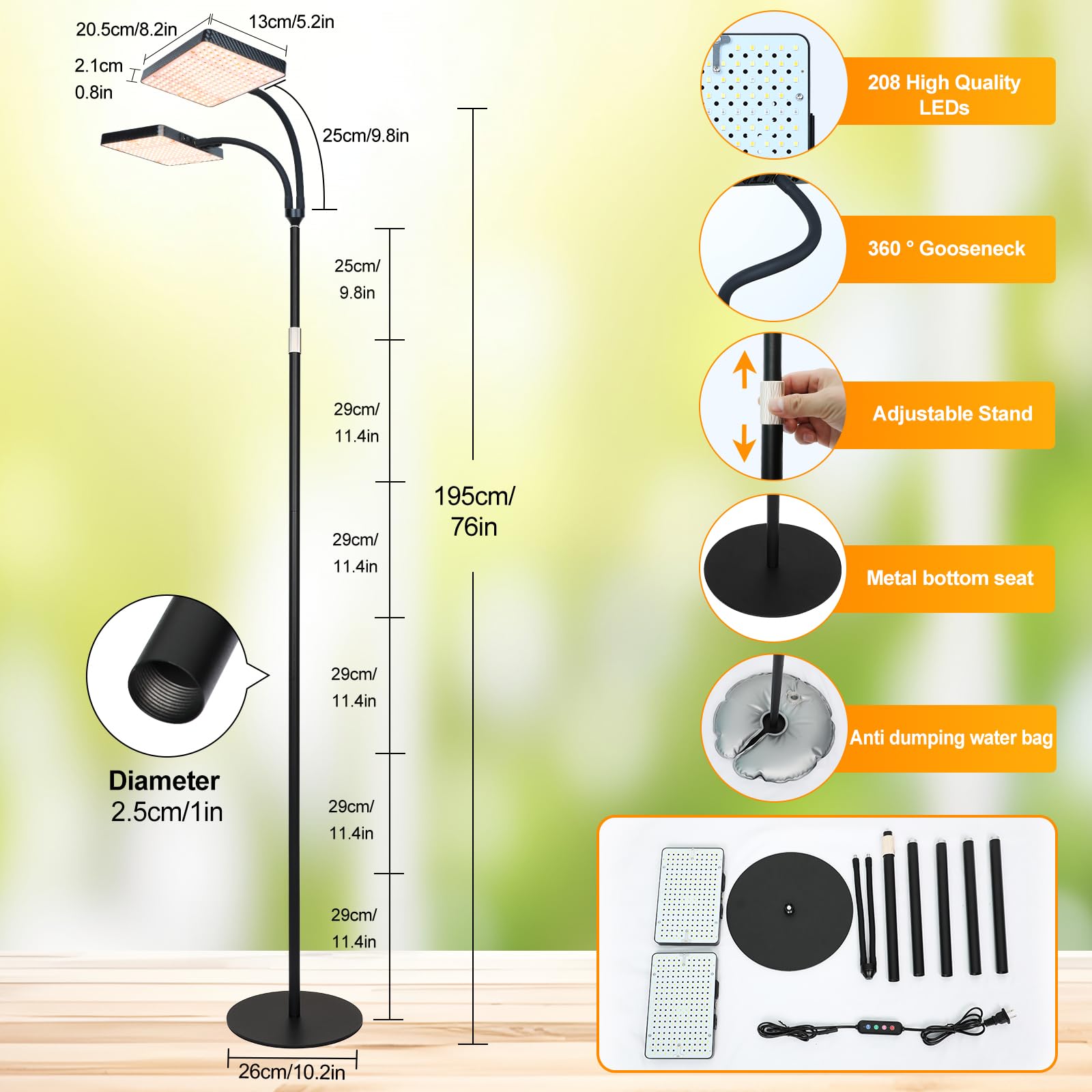 FECiDA 50 Watt 2-Kopf Fußleuchte Pflanzenlampe, 5 Modes 4/8/12/16/20 Hr Timer, Vollspektrum Pflanzenlicht für Zimmerpflanzen, Wachstumslampe für Pflanzen, 100-200CM Höhenverstellbar