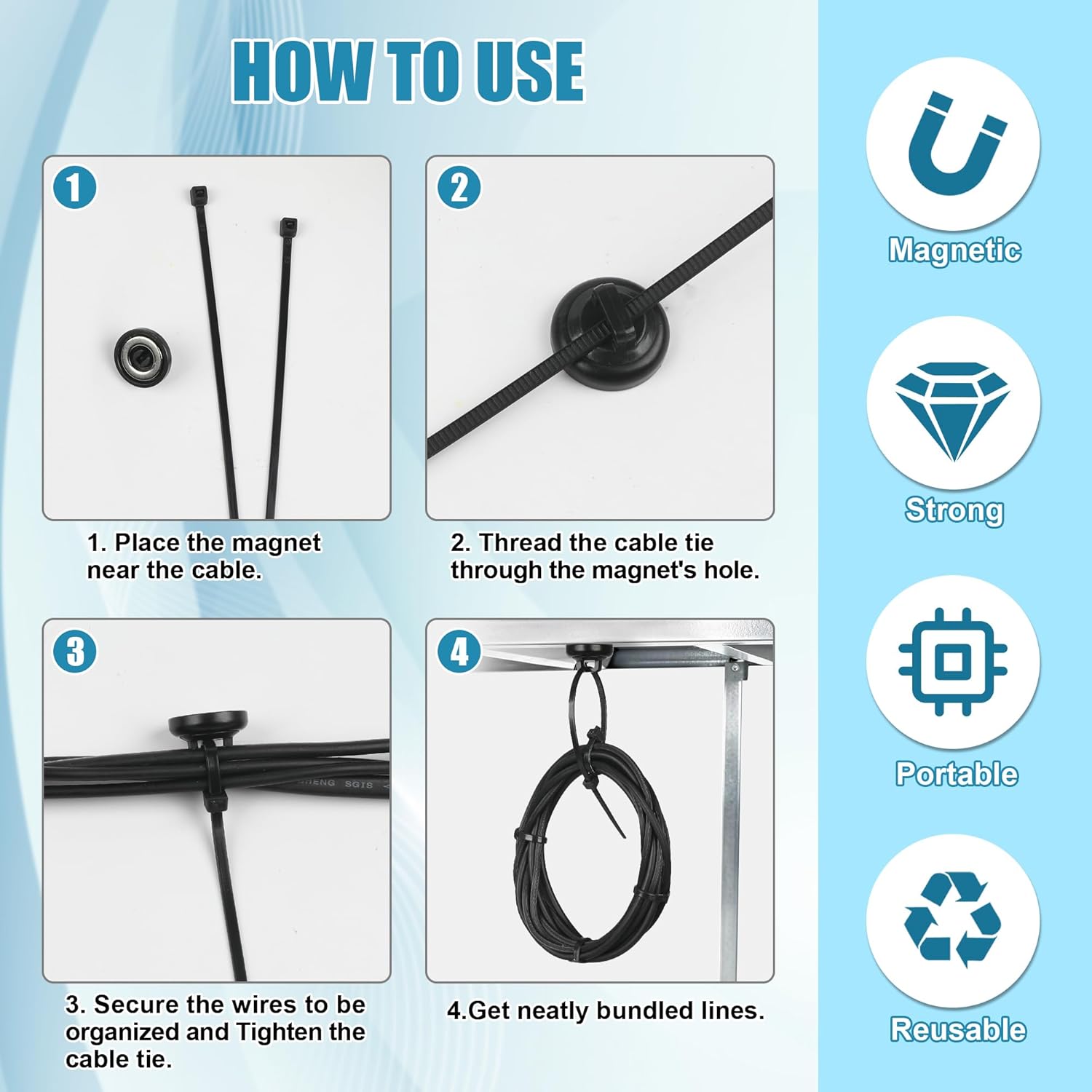 HOMAR magnetic zip tie mount Magnetic Zip Ties Mount Base Holder with 100 Pcs Cable Zip Ties, Strong Magnet Wire Holder, Cable Management Clips for Electrical Wiring Home Office Outdoors Organization