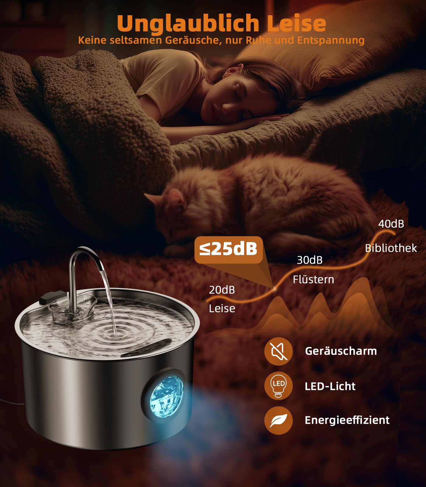3.2L Katzenbrunnen Edelstahl mit 3 Filtern Trinkbrunnen für Katze Katzenbrunnen für Katzen mit Wasserstandsfenster Ultra leise Wasserbrunnen für Katzen Cat Water Fountain mit LED Licht