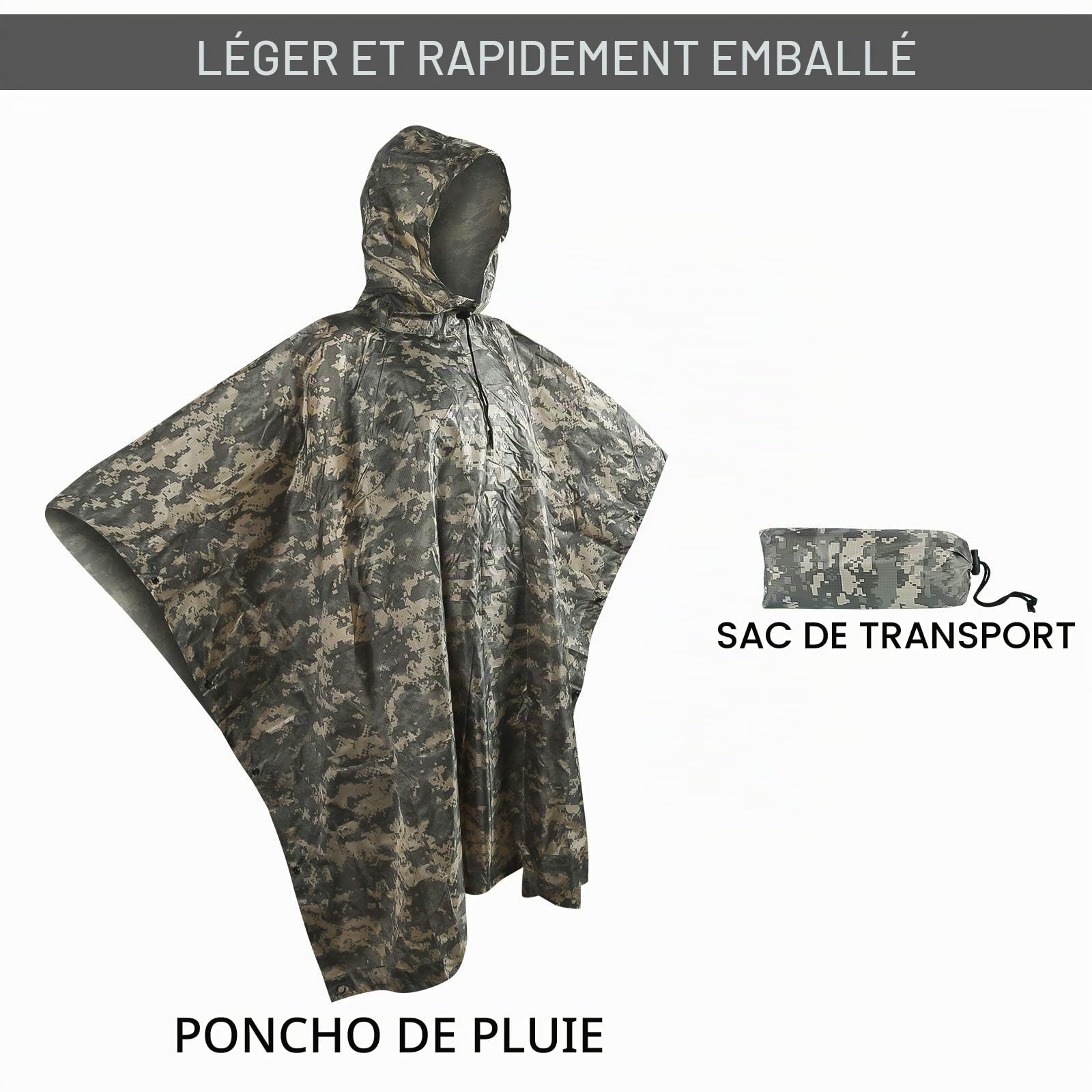 LOOGU Poncho de pluie léger et imperméable avec capuche - Design camouflage - Manteau de pluie multi-usages pour hommes et femmes - pour le camping, la pêche, la chasse et les événements