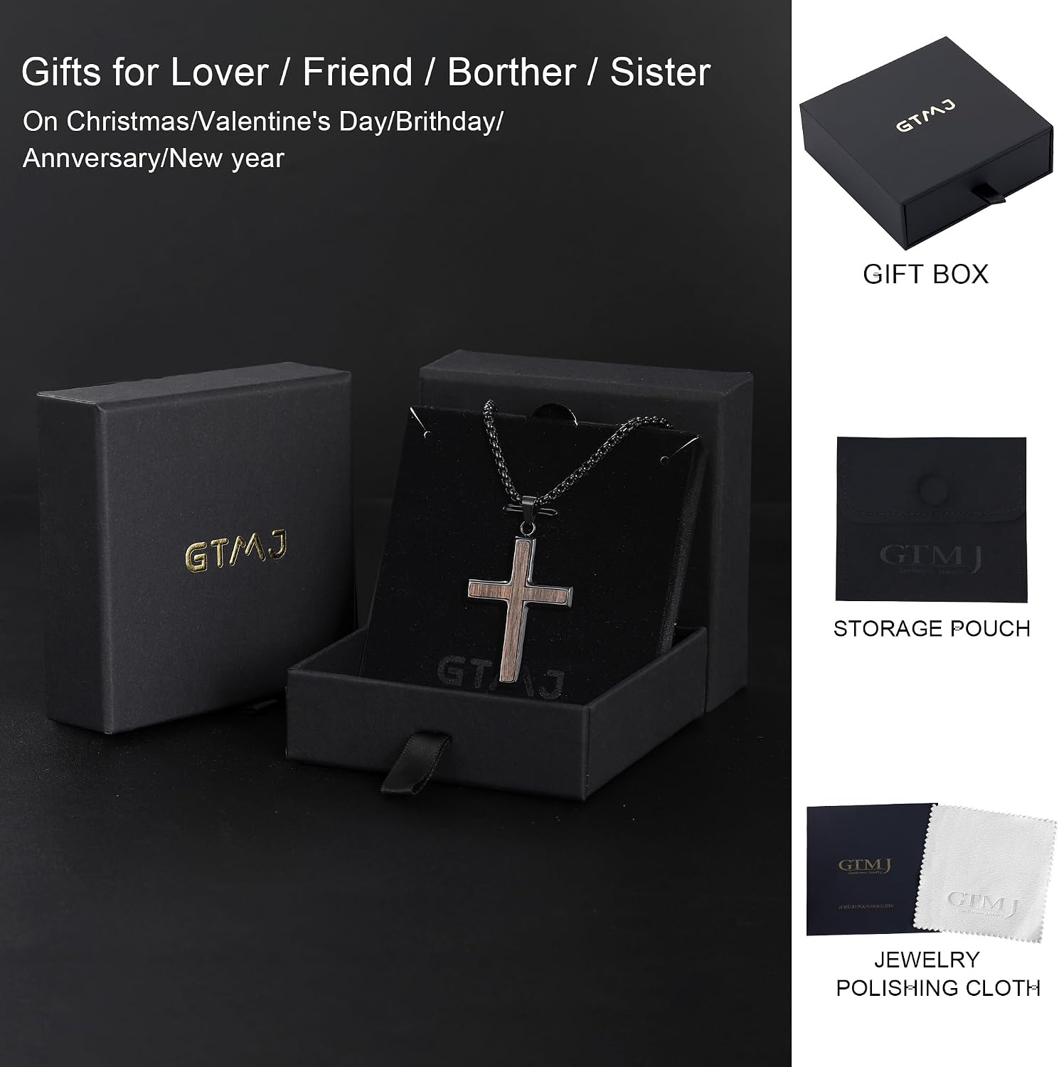 Wooden Cross Necklace for Men -Black Ebony Stainless Steel Adjustable Box Chain 24-26in, Spiritual Jewelry Gift for Him, Everyday Wear