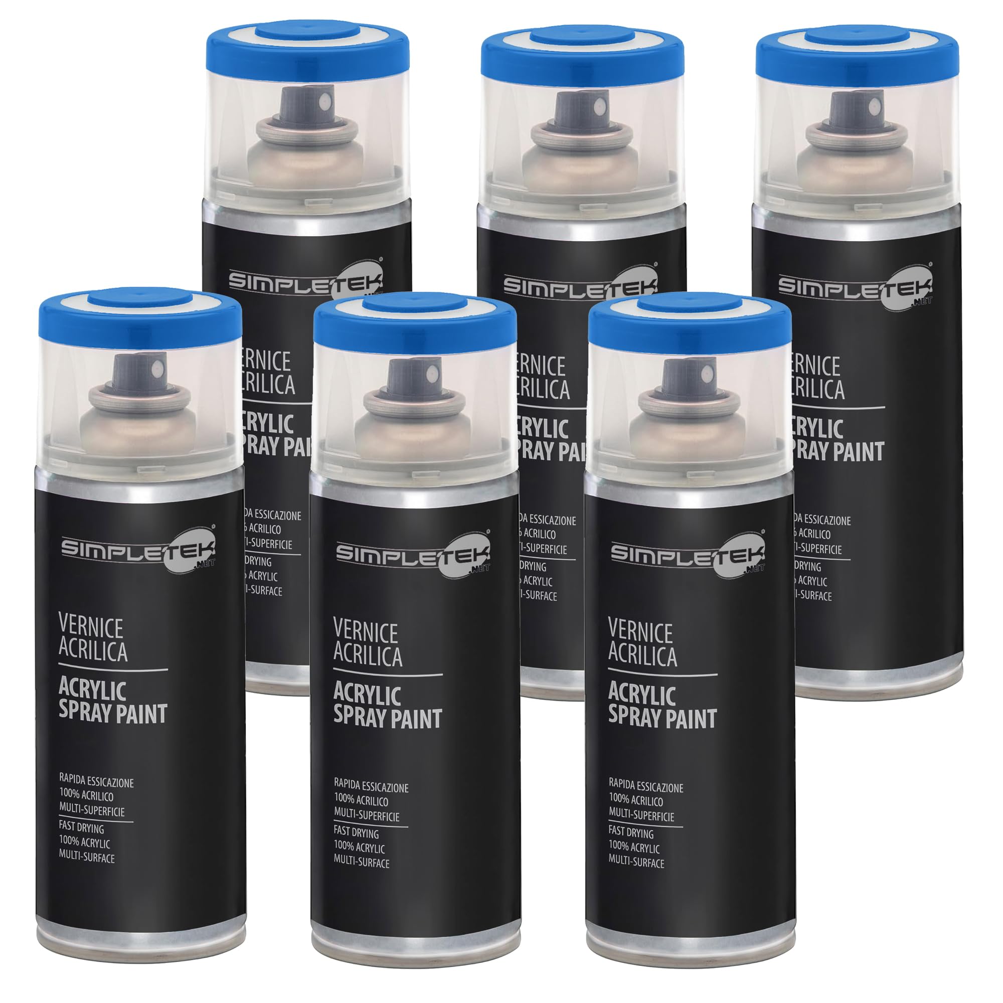 SIMPLETEK - 6X Bomboletta Vernice Spray Acrilico Blu Traffico RAL 5017 Universale Multimateriale Rapida Asciugatura Interni Esterni 400ml (kit 6 pezzi)