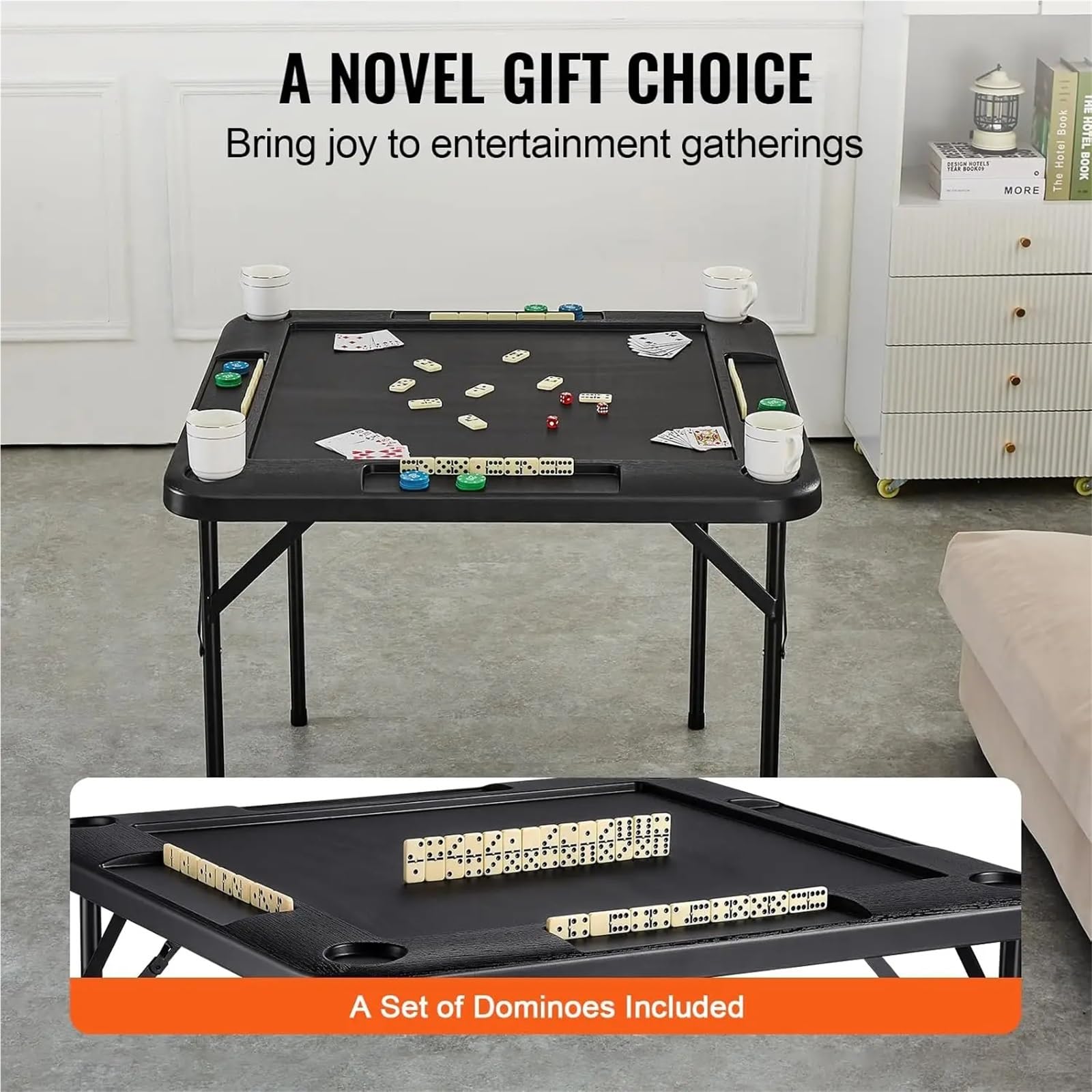 Zusammenklappbarer Mahjong-Tisch Mahjong-Tisch, quadratisch, Klappkarte for 4 Spieler, mit Getränkehaltern, Chip-Tabletts und 1 Satz Dominosteine