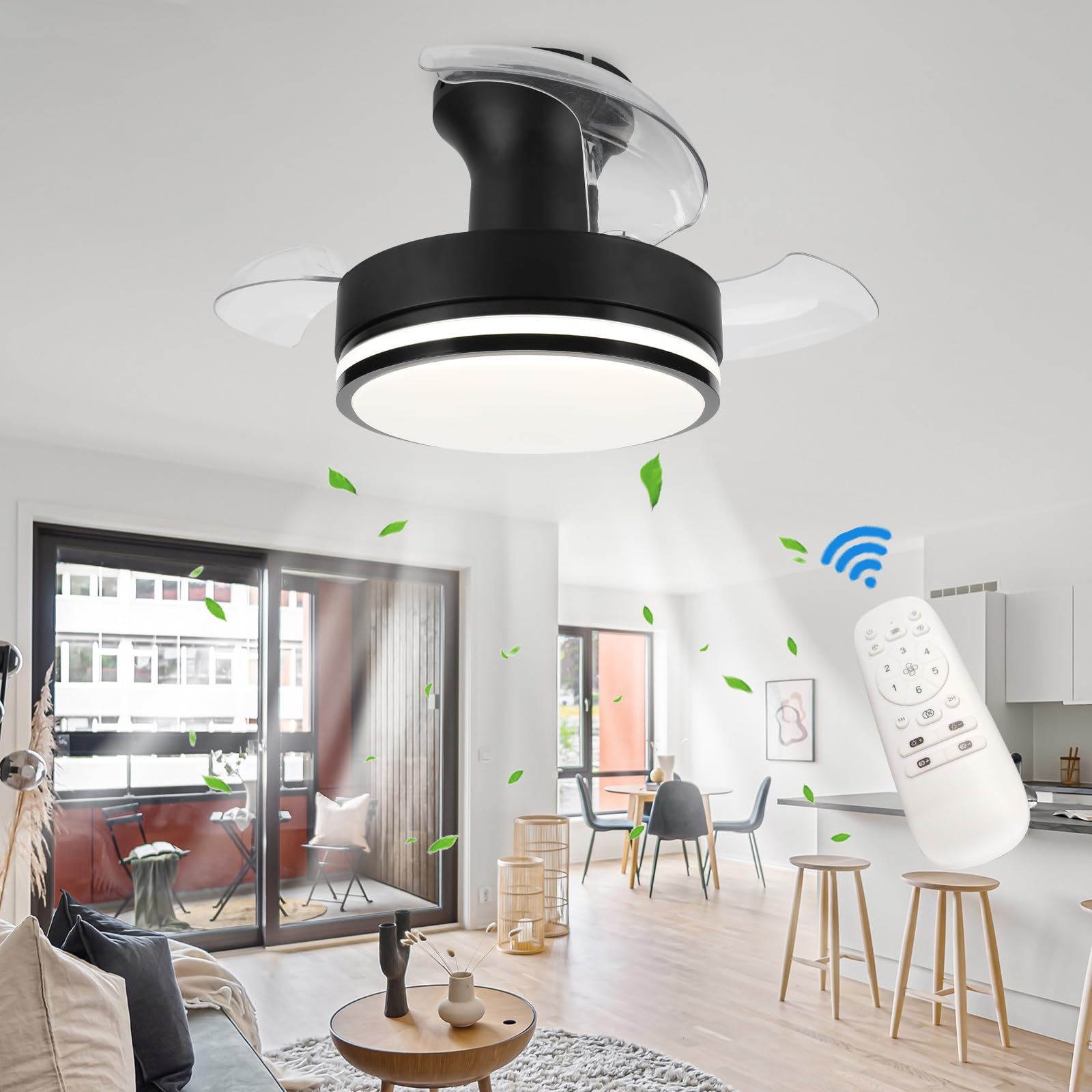SXDMOUBK Modern Dimmable Ceiling Fan with Light & Remote Reversible Retractable Blades 6 Speed DC Motor Silent Ceiling Fan for Living Room & Restaurant Energy Efficient