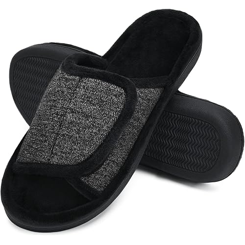 DL Adjustable Mens Slippers Memory Foam, Open Toe House Slippers For Men Comfy Indoor Outdoor, Cozy Breathable Slide Bedroom Velcor Slippers Size 7-14 Black Gray Navy Brown