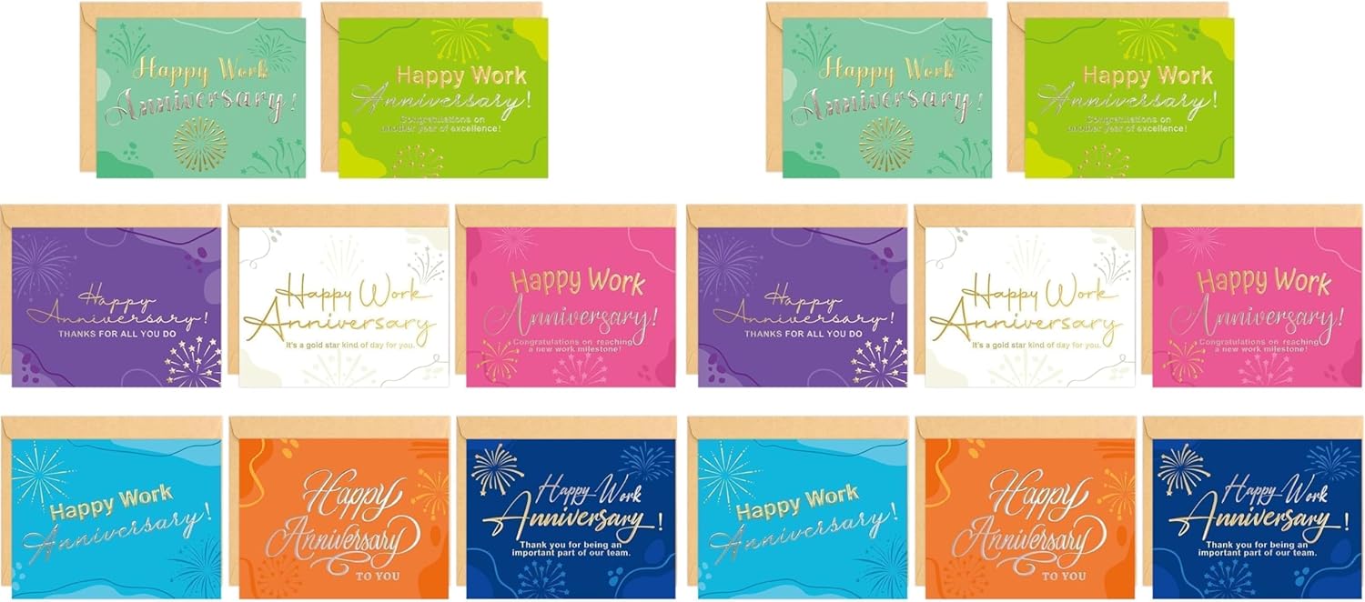 Fancy Land Colorful Work Anniversary Cards 48 Pack Embossed Business Employee Appreciation Cards with Envelopes Blank Inside