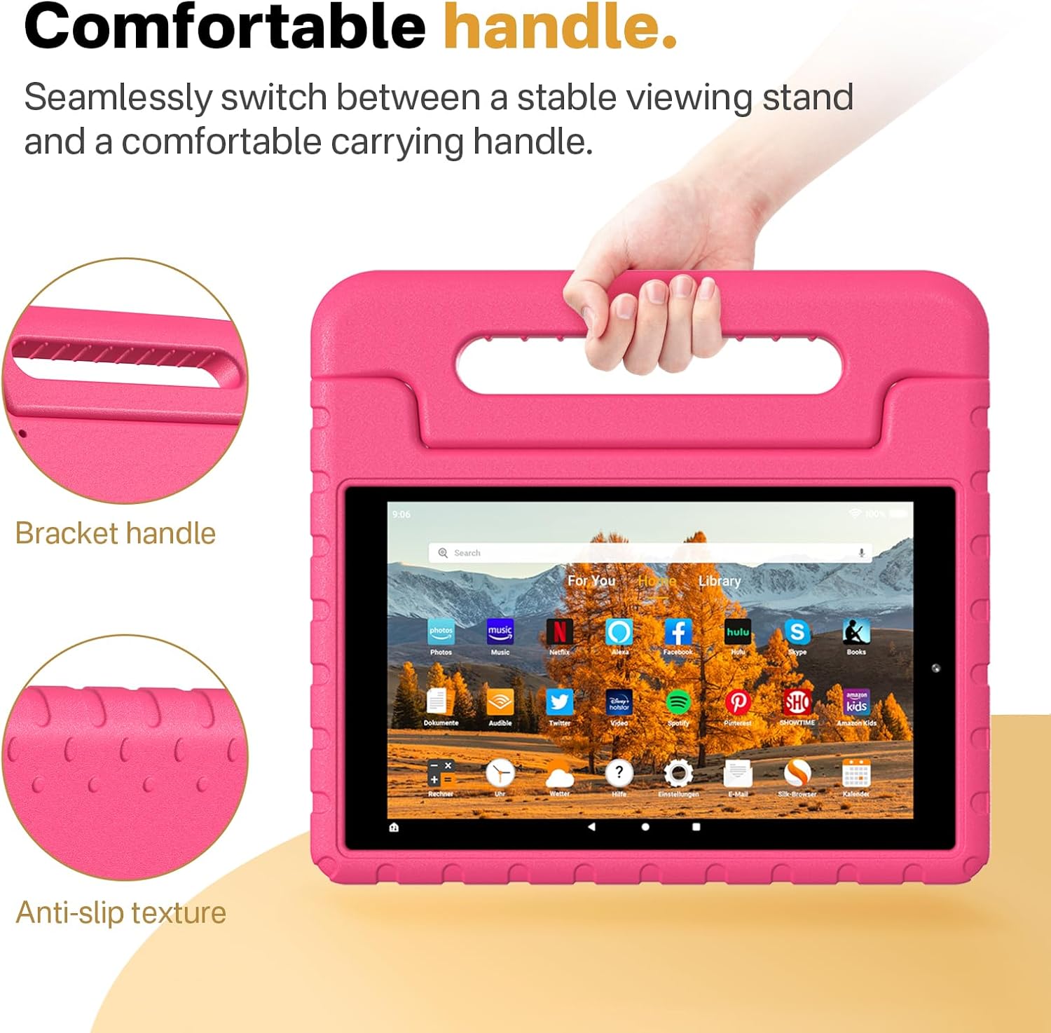 Kids Case for Amazon Kindle Fire HD 10 5th/7th/9th Generation 2015/2017/2019 Released, Shockproof Protective Tablet Cases with Adjustable Handle Stand, Rosered