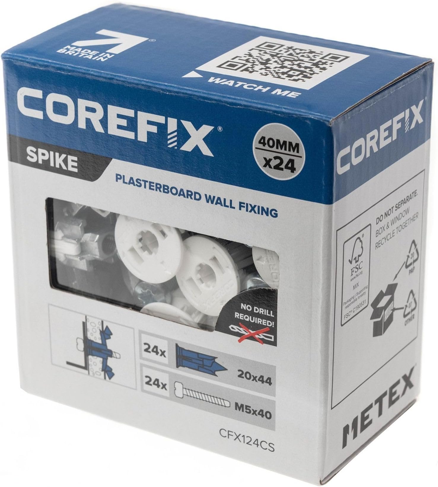 Corefix Spike Heavy Duty Plasterboard Fixings 24 Pack, DIY Kit with M5x40mm Screws. Easy to Install with NO Drill Required. Drywall Anchor, Wall Plug Alternative Suitable for All Plasterboard Types.