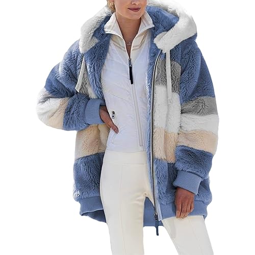 Dokotoo Womens 2023 Winter Fuzzy Fleece Jacket Hooded Color Block Patchwork Cardigan Coats Outerwear with Pockets