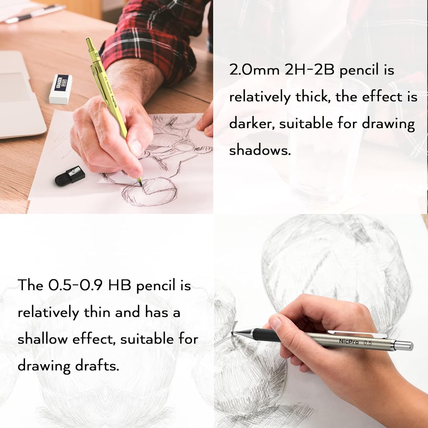 Nicpro 37PCS Gold Art Mechanical Pencil Set, 4PCS Metal Drafting Pencil 0.3/0.5/0.7/0.9 mm & 2PCS 2mm Lead Holder (6B 4B 2B HB 2H 4H) School Supplies for Sketching Drawing with 23 Tube Lead Refills