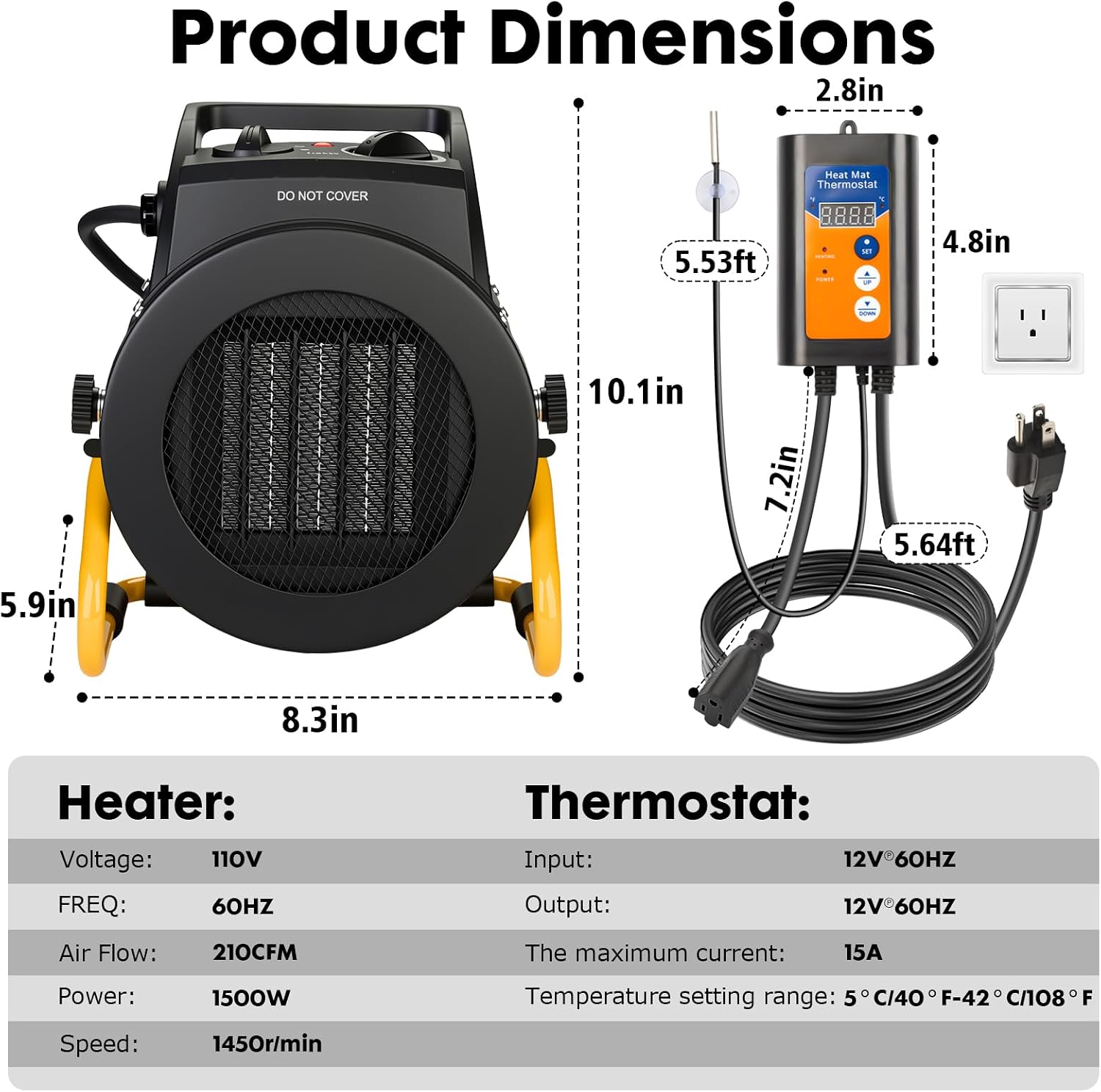 Greenhouse Heater with Digital Thermostat, 1500W Electric Grow Tent Heaters, 3S PTC Fast Heating, 3 Modes Adjustment, Overheat Protection for Patio, Grow Tent, Greenhouse, Outdoor, Black