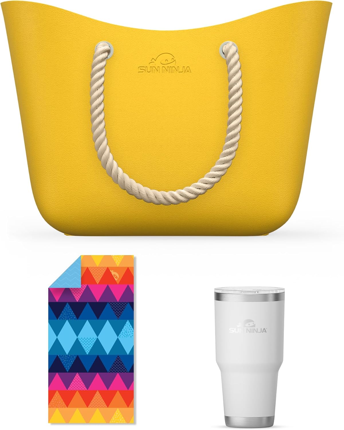 SUN NINJA Rubber Beach Bag Bundle with Beach Towel and 30oz Tumbler