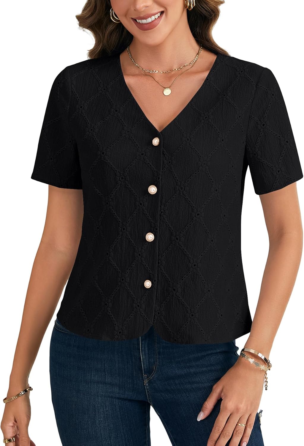 Rooscier Women's Eyelet Embroidery Button Down V Neck Short Sleeve Elegant Blouse Top - Image 2