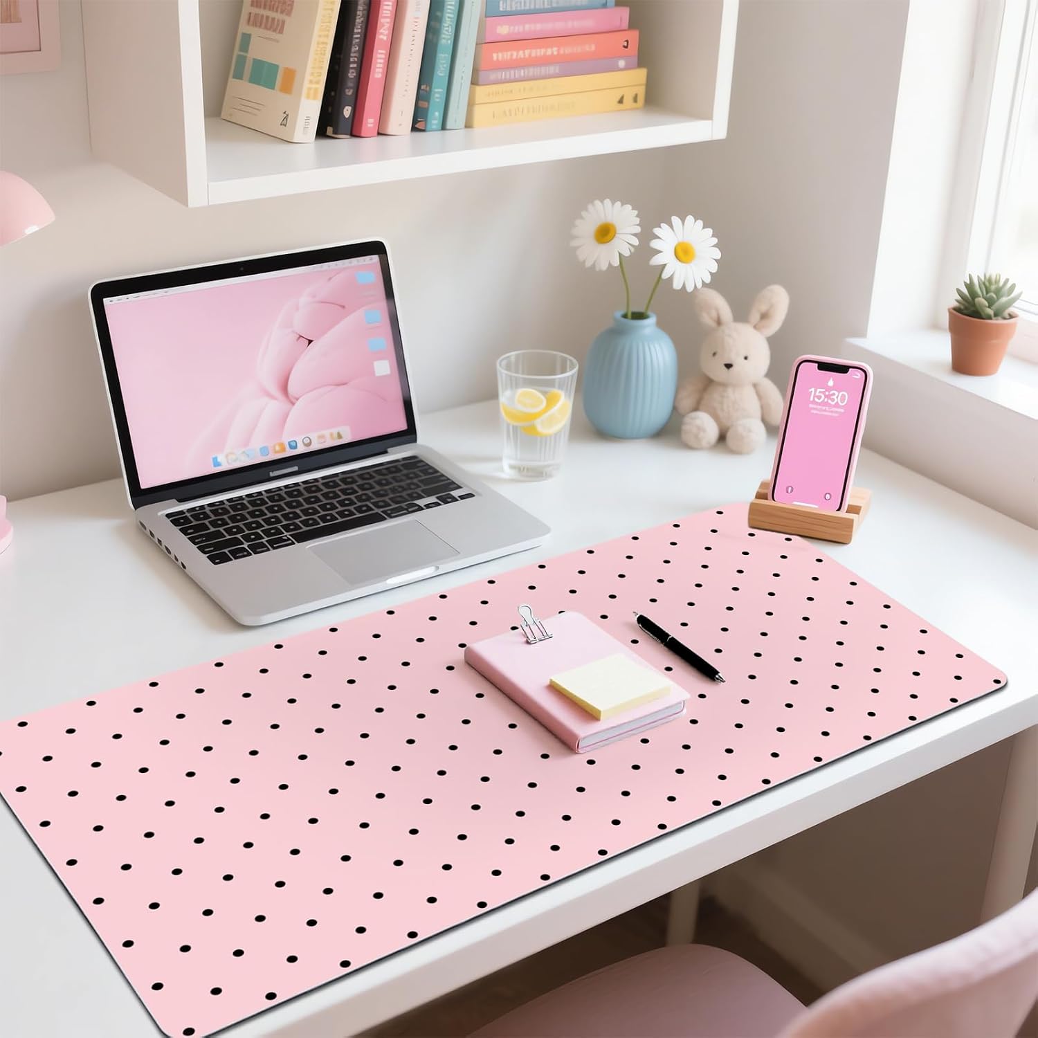Cute Black Polka Dot Pink Extended Gaming Keyboard Mouse Pad, Non-Slip Leather Home Office Desk Mat Protector, Large Laptop Desk Pad Writing Pad