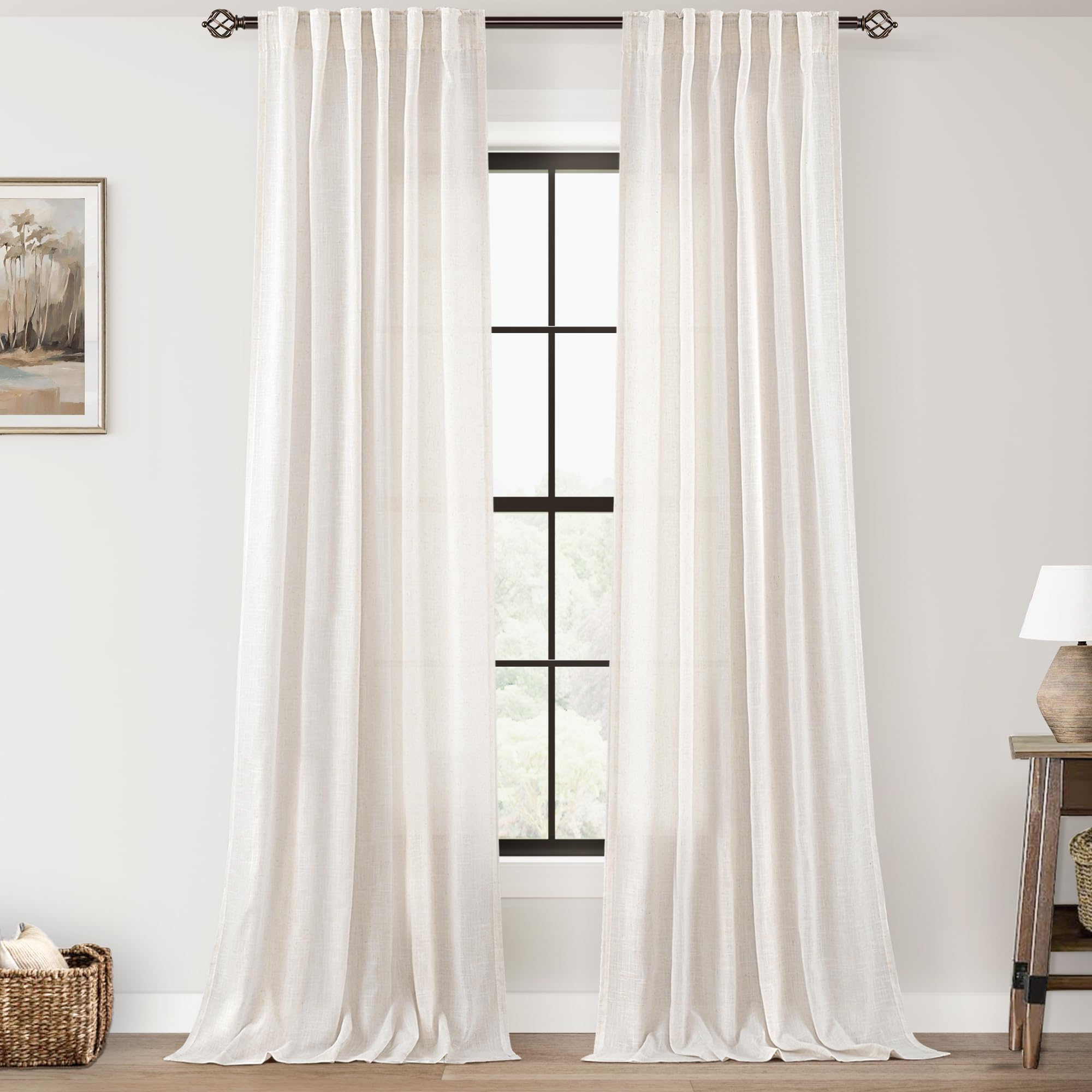View 1 of Extra Long 120 inch Curtains Linen Blend for Living Room Back Tab Neutral Rustic Farmhouse Light Filtering Semi Sheer Linen Drapes 120 inch Ceiling to Floor For Villa Hallway Ivory 38" Wx120" L