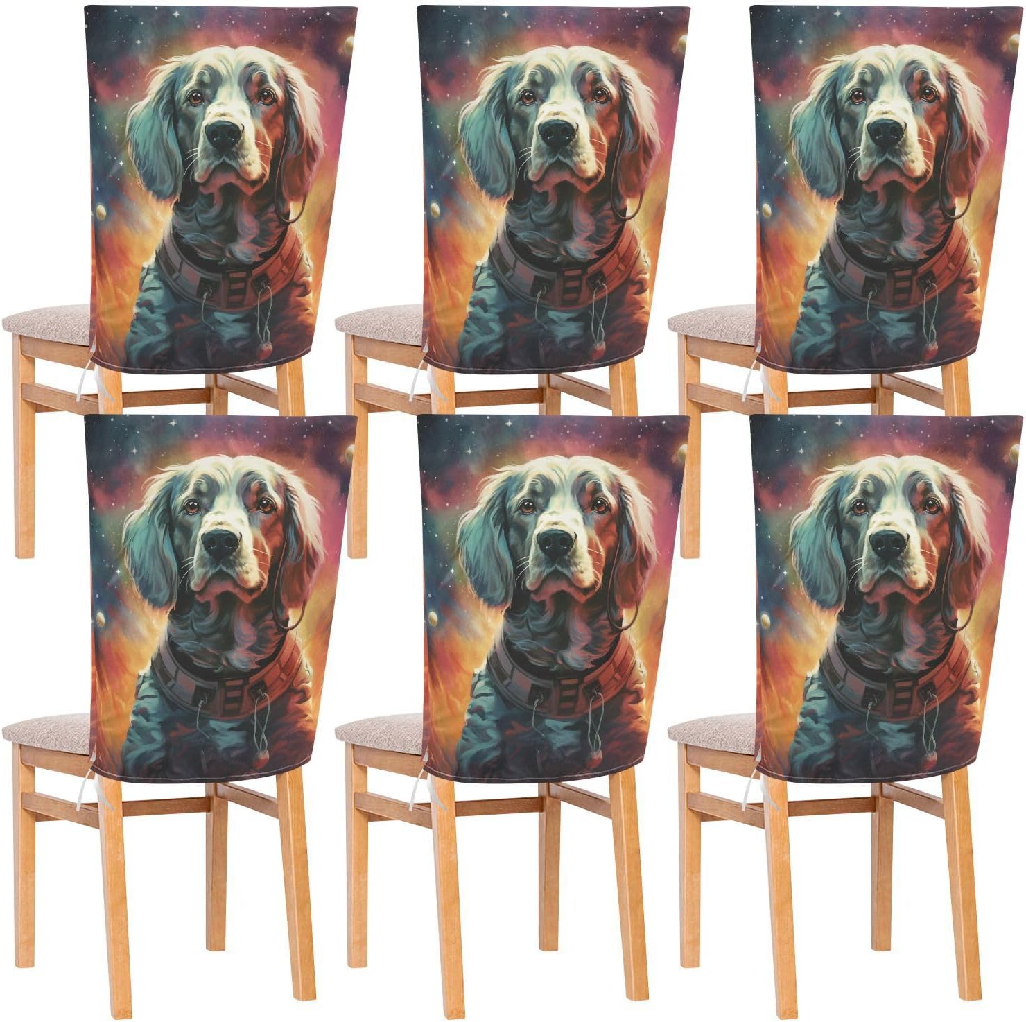 ALAZA Retro Dog and Galaxy Chair Back Cover Set of 6, Washable Reusable Removable Chair Slipcovers Decorative Chair Cover for Home Kitchen Wedding Party