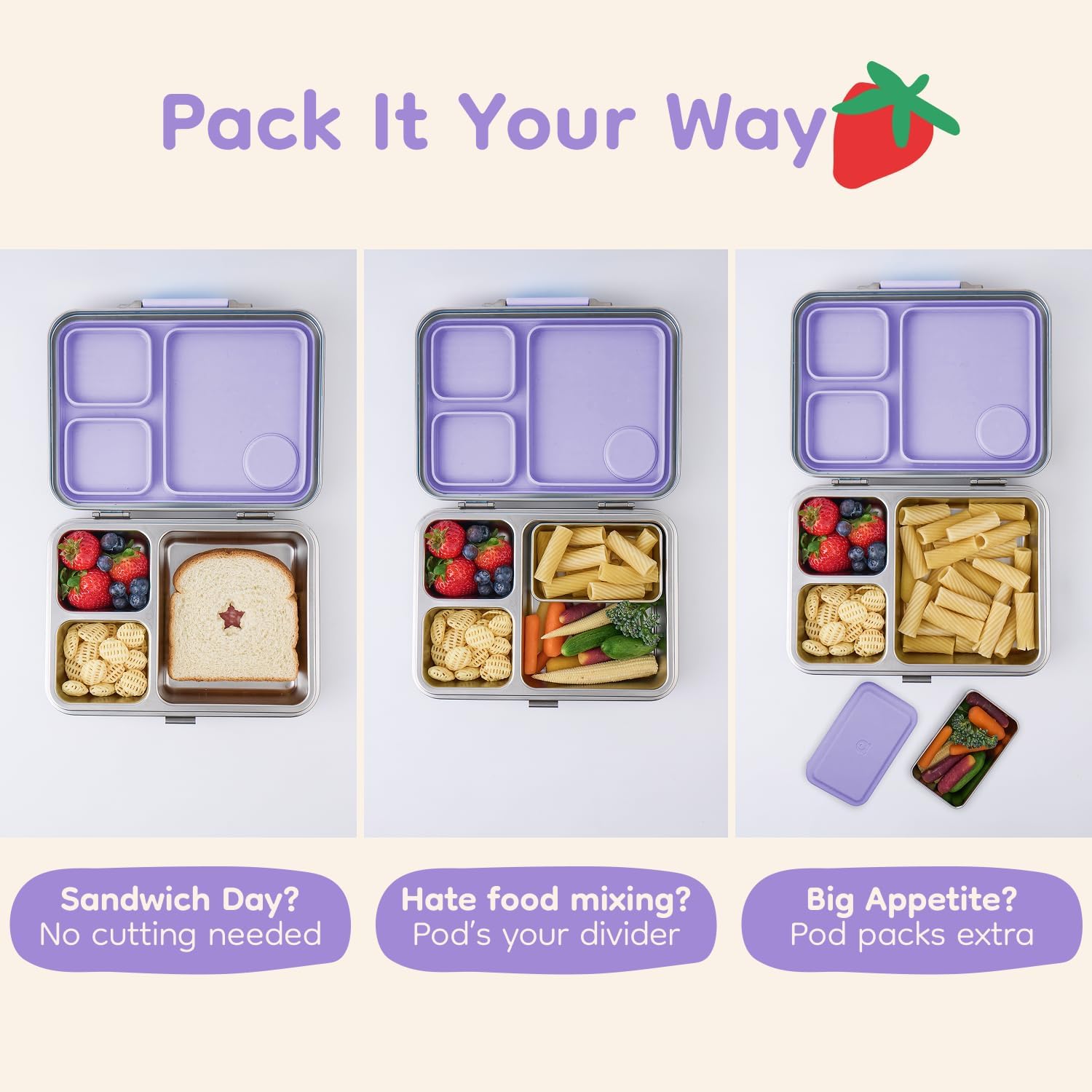 Good Bare Stainless Steel Leakproof Bento Lunch Box - Metal food containers with lids, for kids & adults, Sandwich Friendly, Dishwasher Safe, Non-toxic, Bonus Removable Snack Container (Lavender Mist)