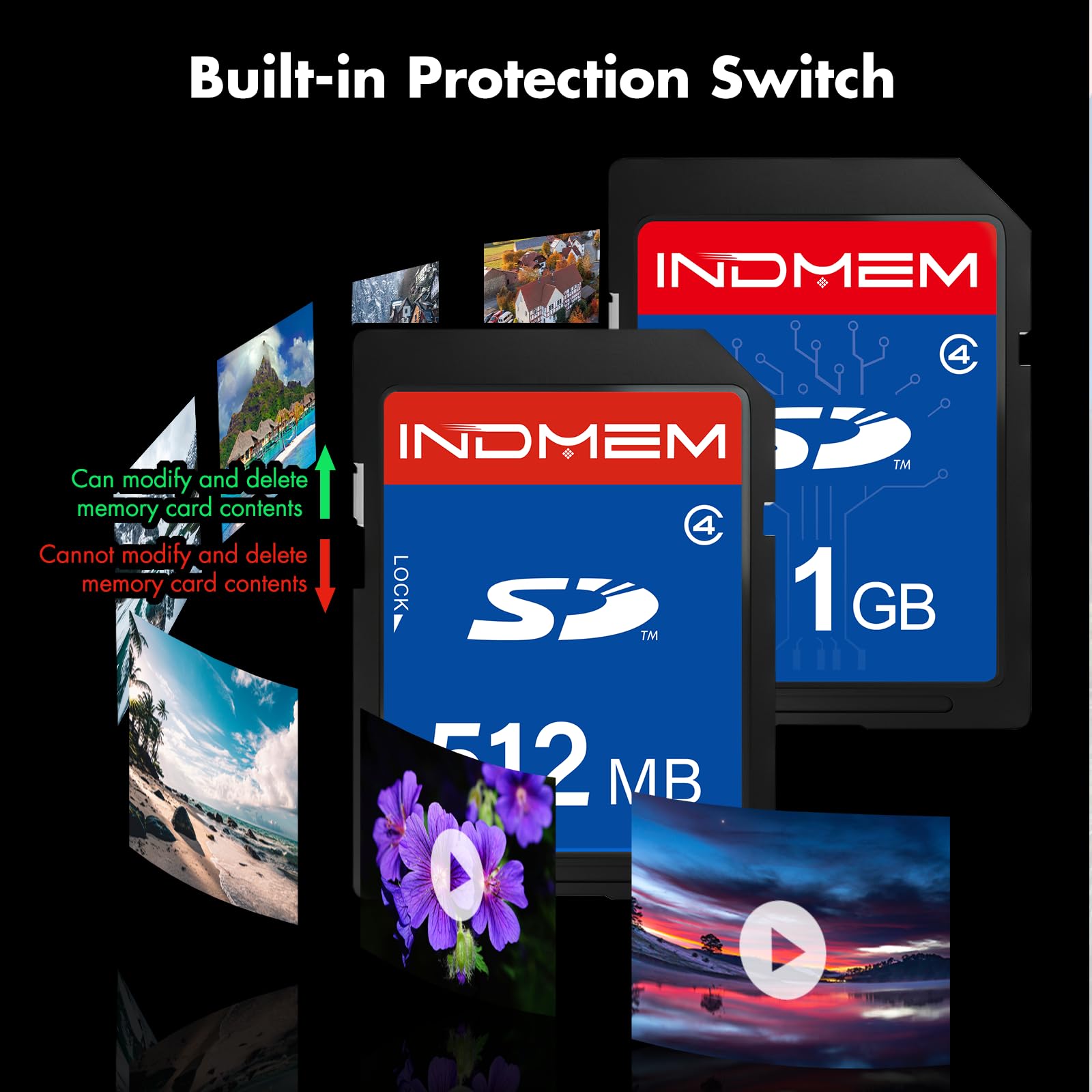 INDMEM - Scheda SD da 512 MB + 1 GB, classe 4, scheda di memoria flash da 1 GB MLC standard Secure Digital Card per fotocamera
