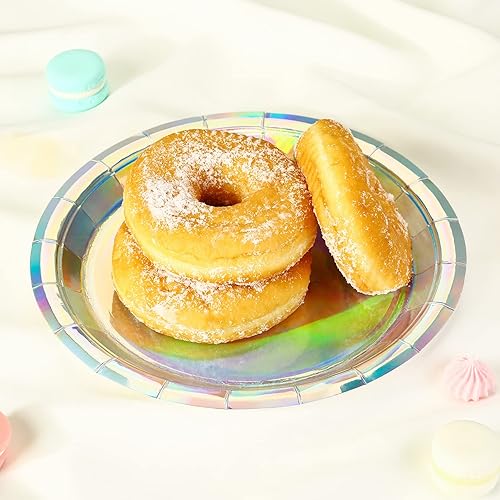 Miniatura 4 de Platos de papel iridiscentes de 9 pulgadas 50 unidades Platos redondos desechables de papel para pasteles, ensalada, pizza, holográficos, arco iris,