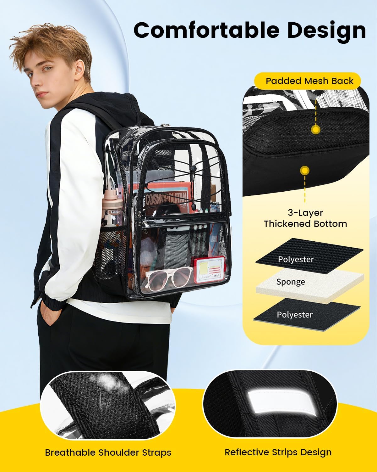 Vorspack Clear Backpack for School - Heavy Duty Clear Bookbag for Girls Boys Extra Large See Through Backpacks for College, Work, Travel - Black
