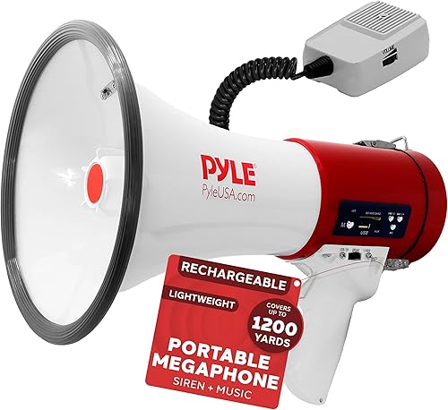 Pyle Megaphone 50-Watt Siren Bullhorn - Bullhorn Speaker w/ Detachable Microphone, Portable Lightweight Strap & Rechargeable Battery - Professional