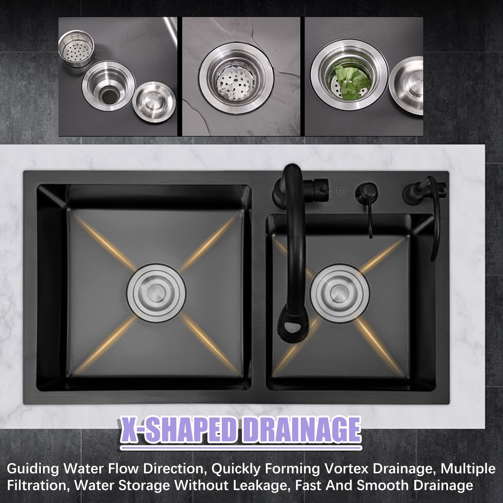 Lavello da Cucina Nero a Doppia Vasca, da Incasso o da appoggio, per cucine, lavanderie, balconi e Negozi (Colore: A, Dimensioni: 80x45x22cm)