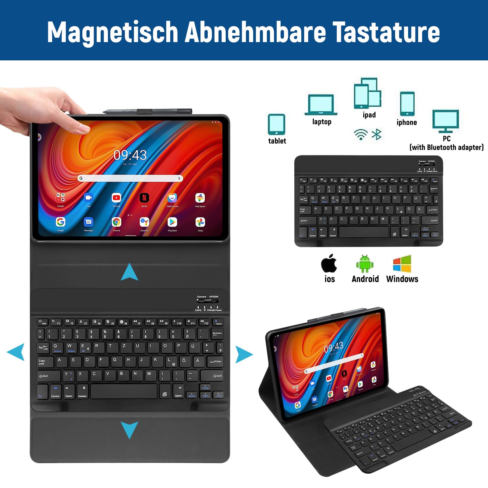 Étui Avec Clavier Bluetooth Amovible Pour Lenovo Tab M10 3ème Génération 10,1" 2022 (TB-328FU/TB-328XU) – Noir, Porte-stylo Inclus