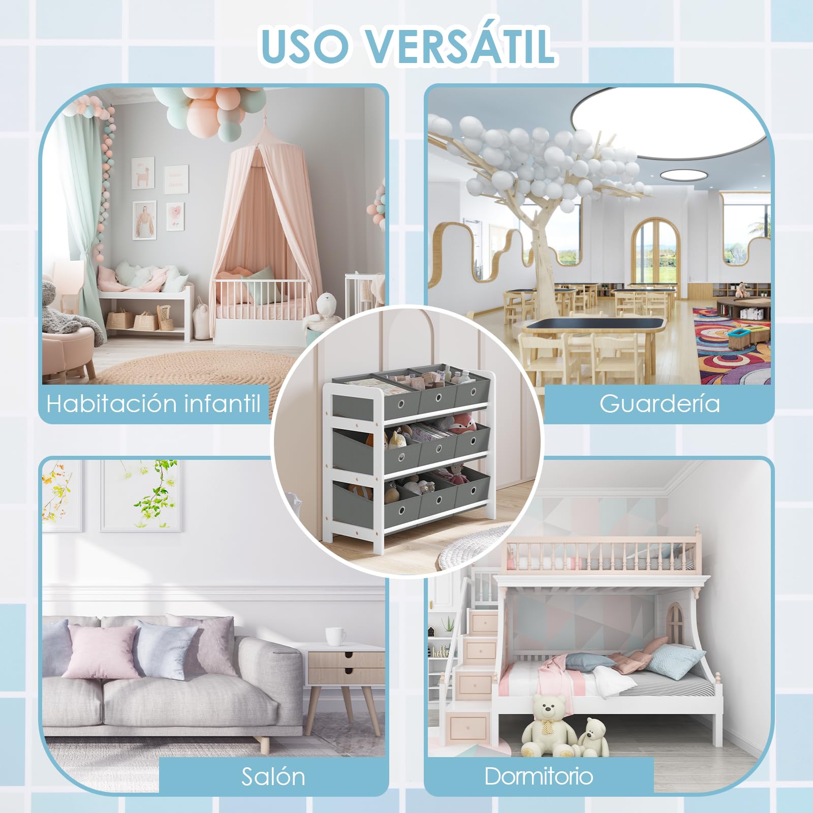 Lestarain Estanteria Infantil de Madera Maciza, Organizador Juguetes y Libros Niños, Estantería Almacenaje 3 Niveles de 9 Cajas, Mueble Infantil para Guardería y Habitación Infantil, Blanco+Gris | Madera; habitación infantil; sala de juegos; guardería; 63