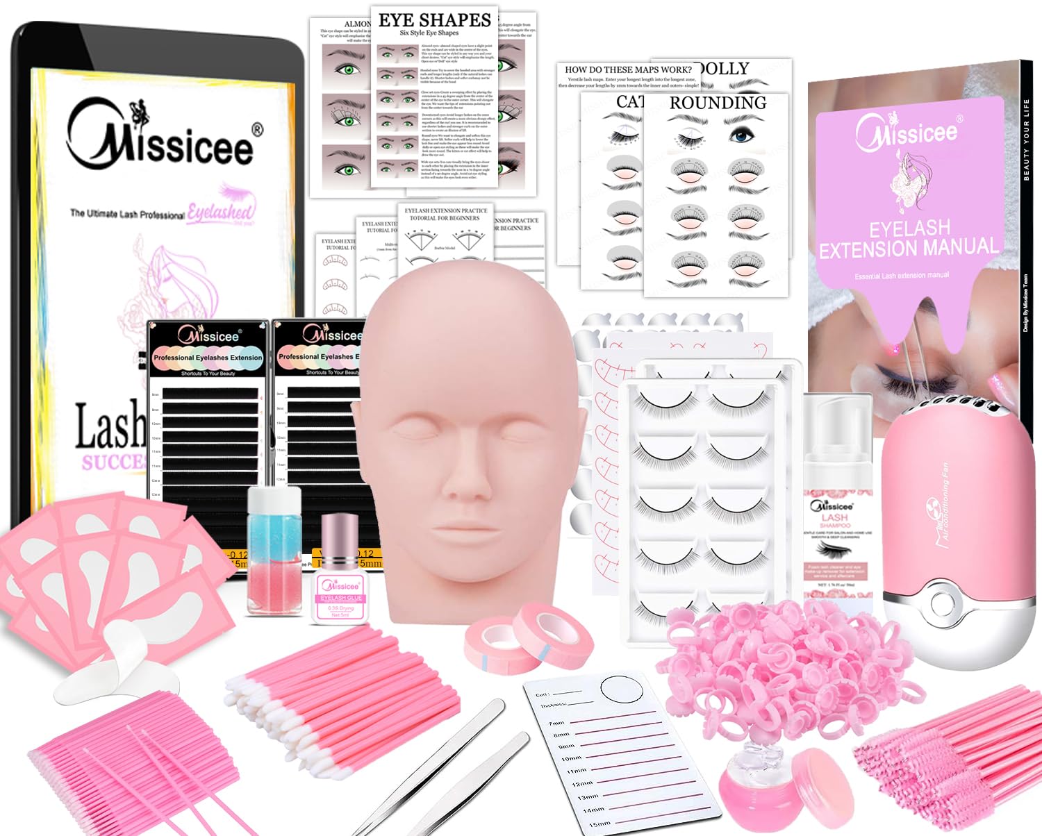 Missicee - Set de extensión de pestañas profesional, kit de extensión de pestañas de maniquí con adhesivo de ejercicio 0,3S, pestañas postizas, instrucciones de ejercicio, abanico de pestañas USB,