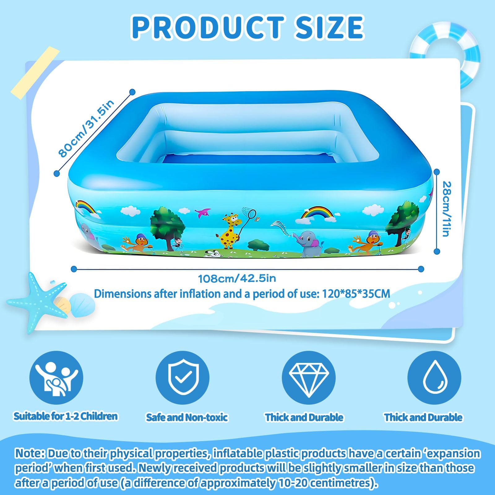 Piscina Hinchable Rectangular Pequeña, 120 cm Piscina Infantil Inflable, Piscinas Hinchables, Piscinas Rectangulares para Interior, Exterior, Jardín, Patio, Resistente y Antideslizantes