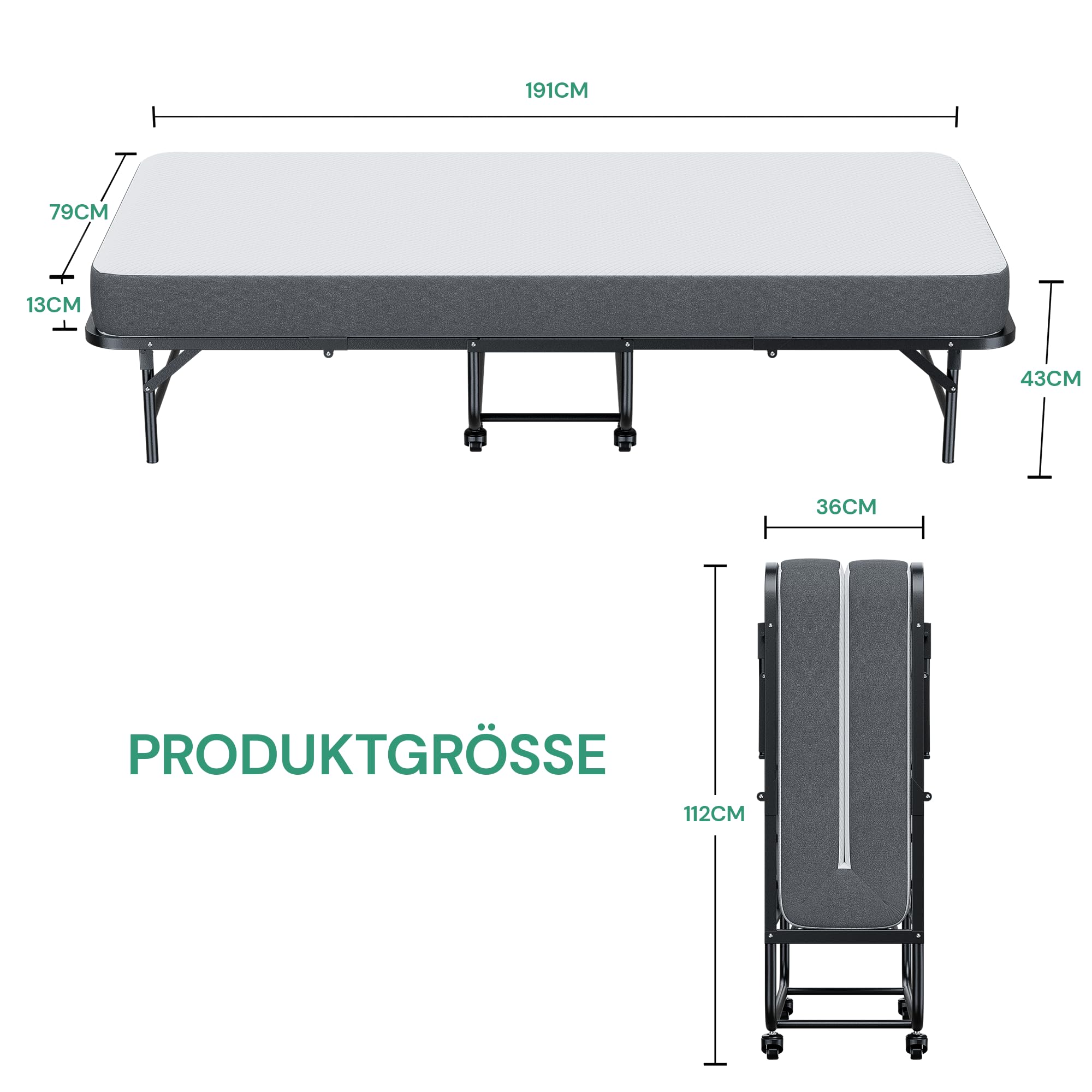 SunsGrove Klappbett 191x97 cm mit 13 cm Memory Foam Matratze, Gästebett Klappbar für Erwachsene, Faltbares Metallbett mit Rollen, Reisebett Stabil bis 200 kg Belastbar