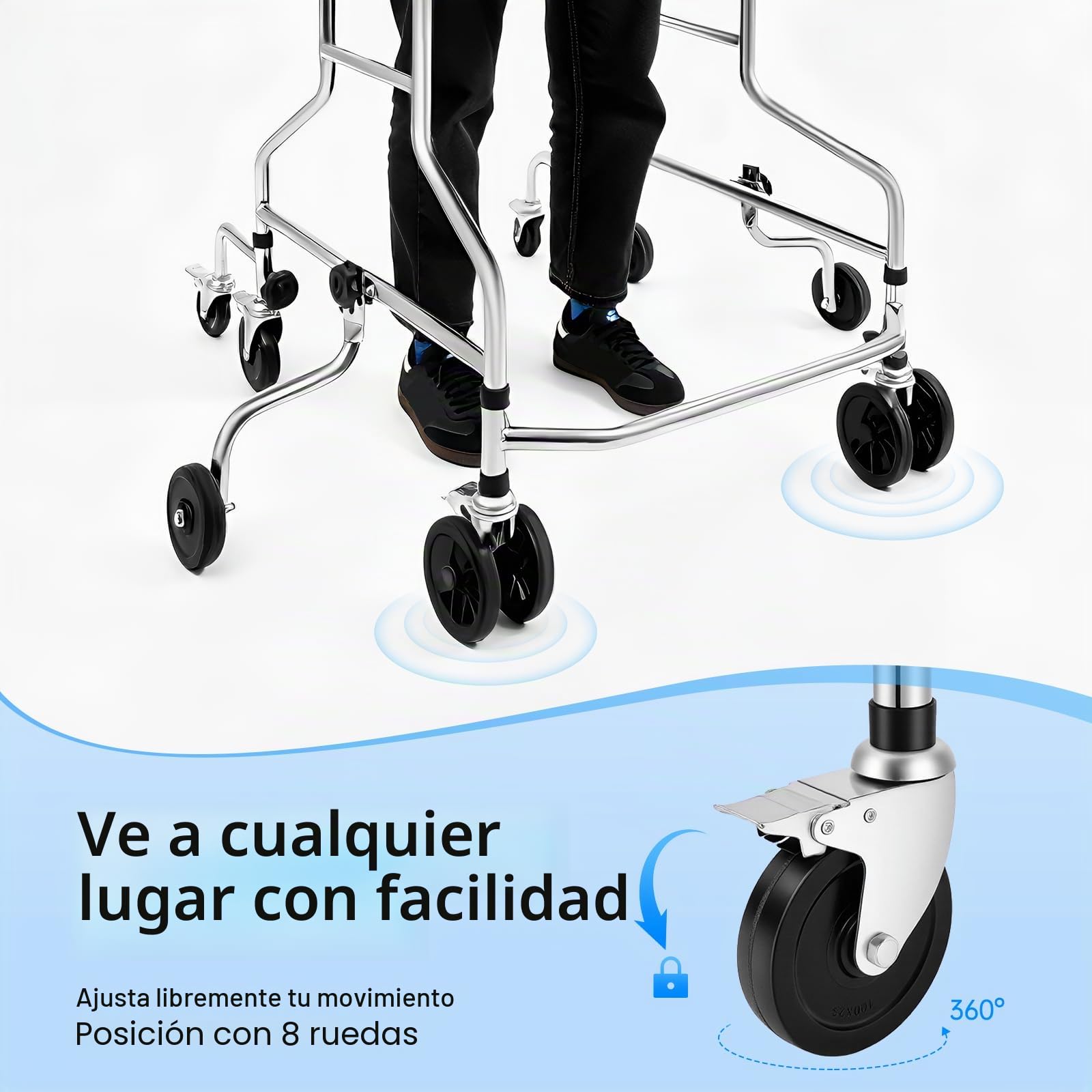 Andador para personas mayores, marco de rehabilitación hemiplejía con 10 niveles ajustables, altura de 5 niveles de ancho, andador para adultos, 8 ruedas con frenos, para personas de 150-180 cm