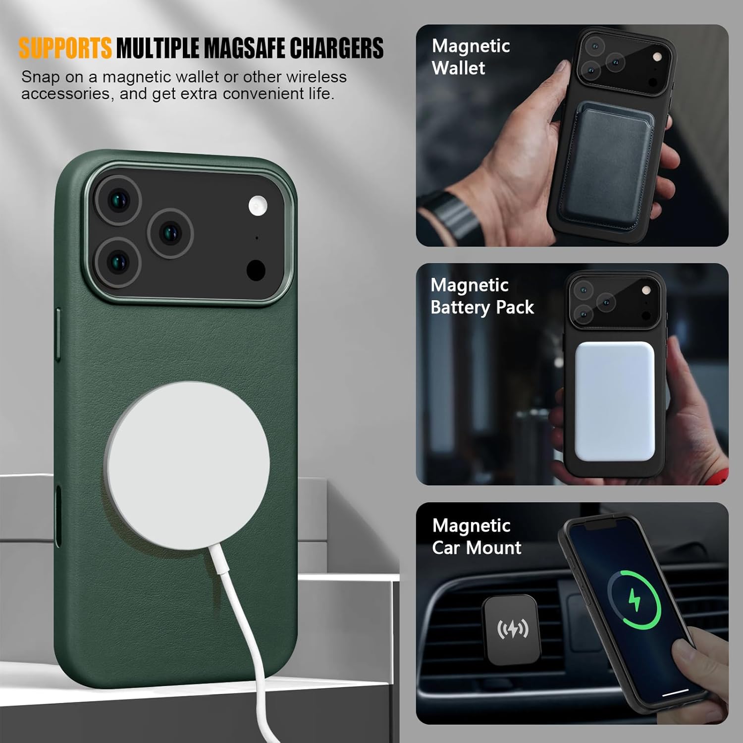 for iPhone 17 Pro Leather Case with Ai Camera Control Button Compatible with Magsafe, Top Grain Leather, Slim Fit Shockproof, Metal Buttons & Camera Bump Frame Protective Cover Green