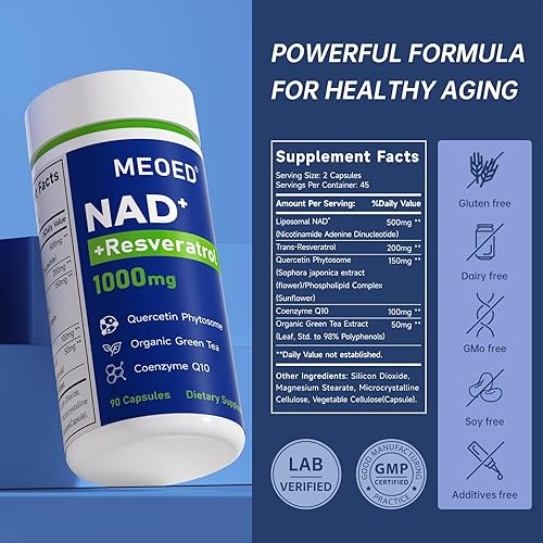 Vista 2 de Suplemento liposomal NAD+ de 1000 mg extra fuerte con trans resveratrol, CoQ10, quercetina y té verde orgánico para mujeres y hombres, suministro