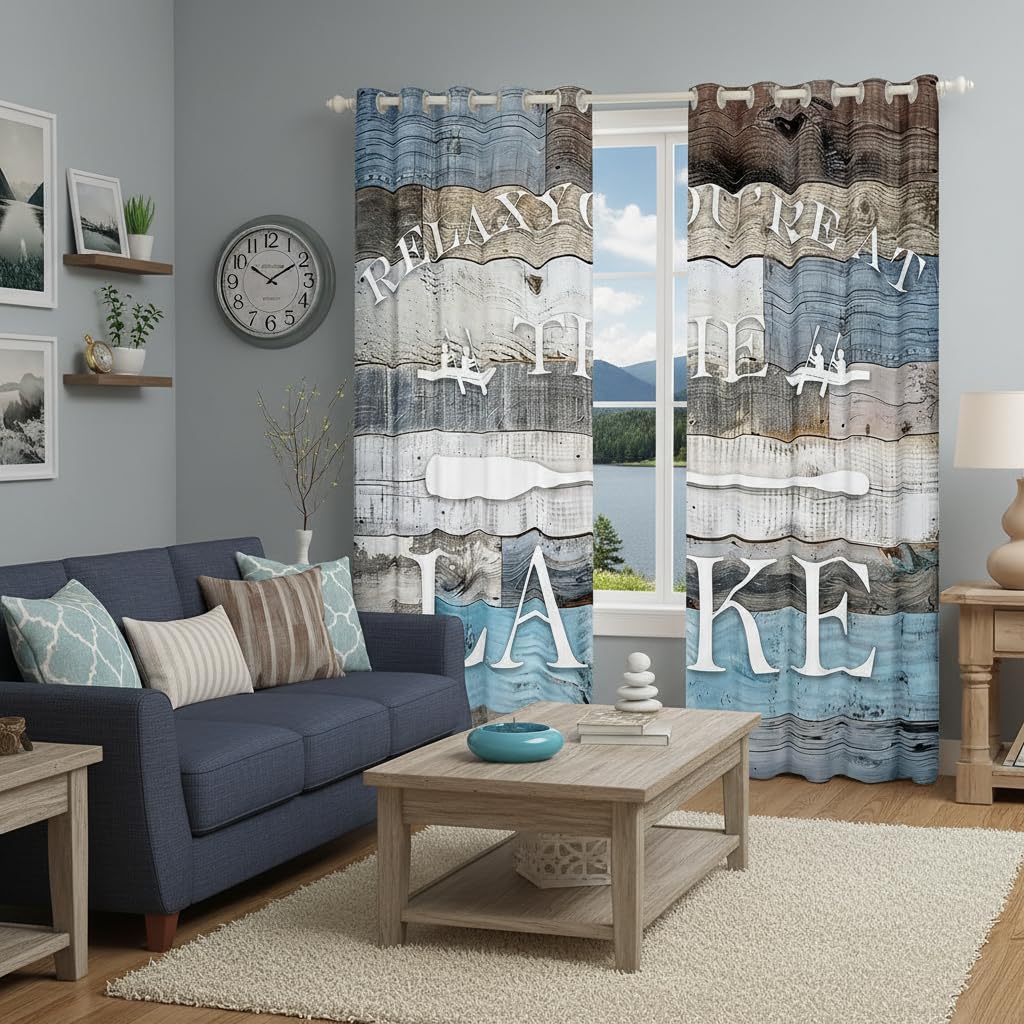 Lake House Window Curtain Rustic Farmhouse Curtains Blue Grey Retro Wooden Window Treatment Curtain for Kids Adults Men Teens Bedroom Decor,Lake Life White Cabin Window Drapes,Top 2 Panel,52Wx63L