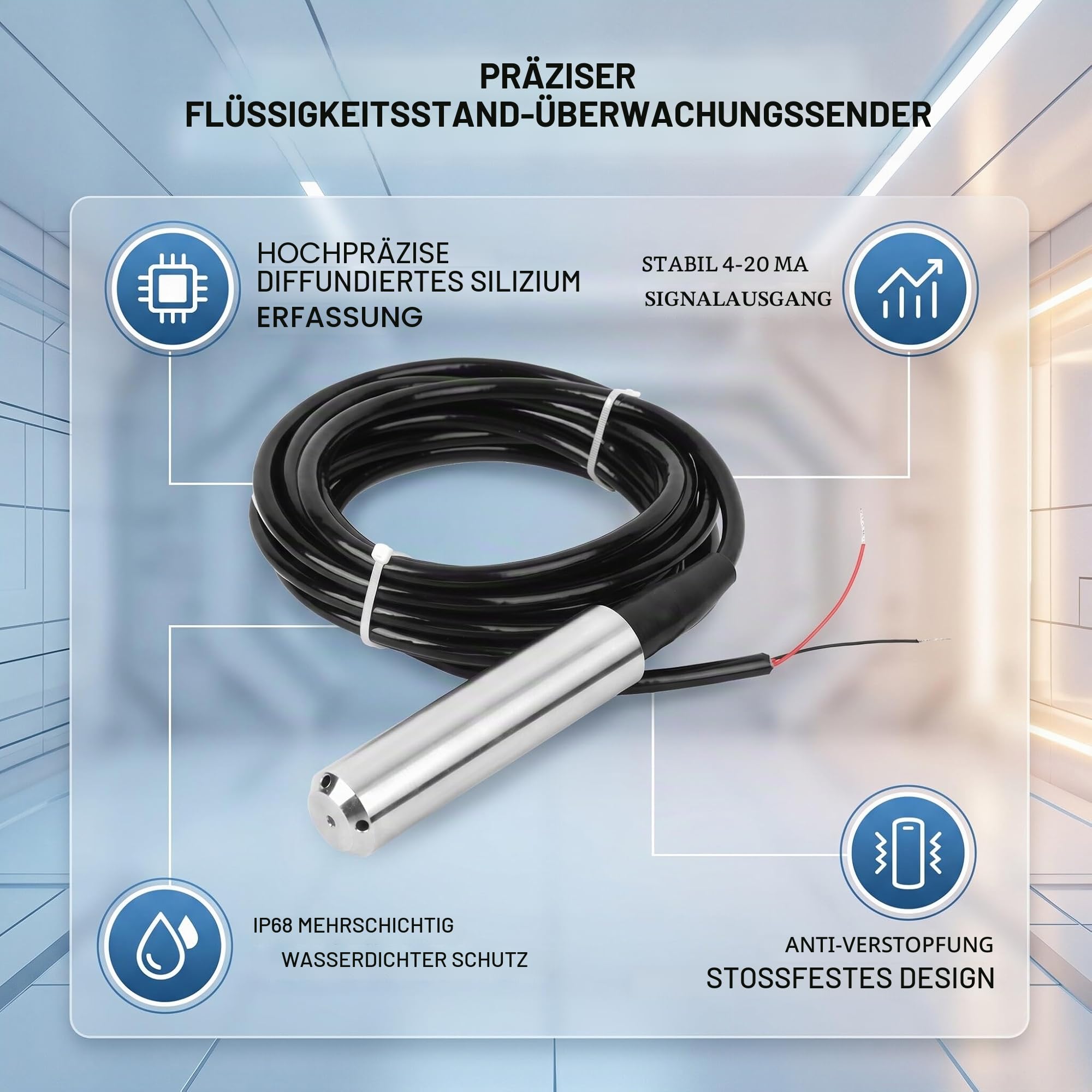 Fafeicy IP68 TL-136 Flüssigkeitsstandsmessumformer, Wasserstandssensor Detektor, 24VDC 4-20 mA Signalausgang Flüssigkeitsstandsensor Signalausgangsleitung Länge 5 Meter, 45 Grad Winkel (0-3m)