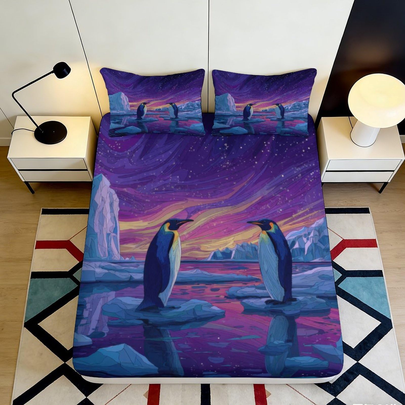 3D Printed Aurora Penguin Fitted Sheet Microfiber Soft Mattress Cover Purple Iceberg Bedroom Decor 90x200x25cm