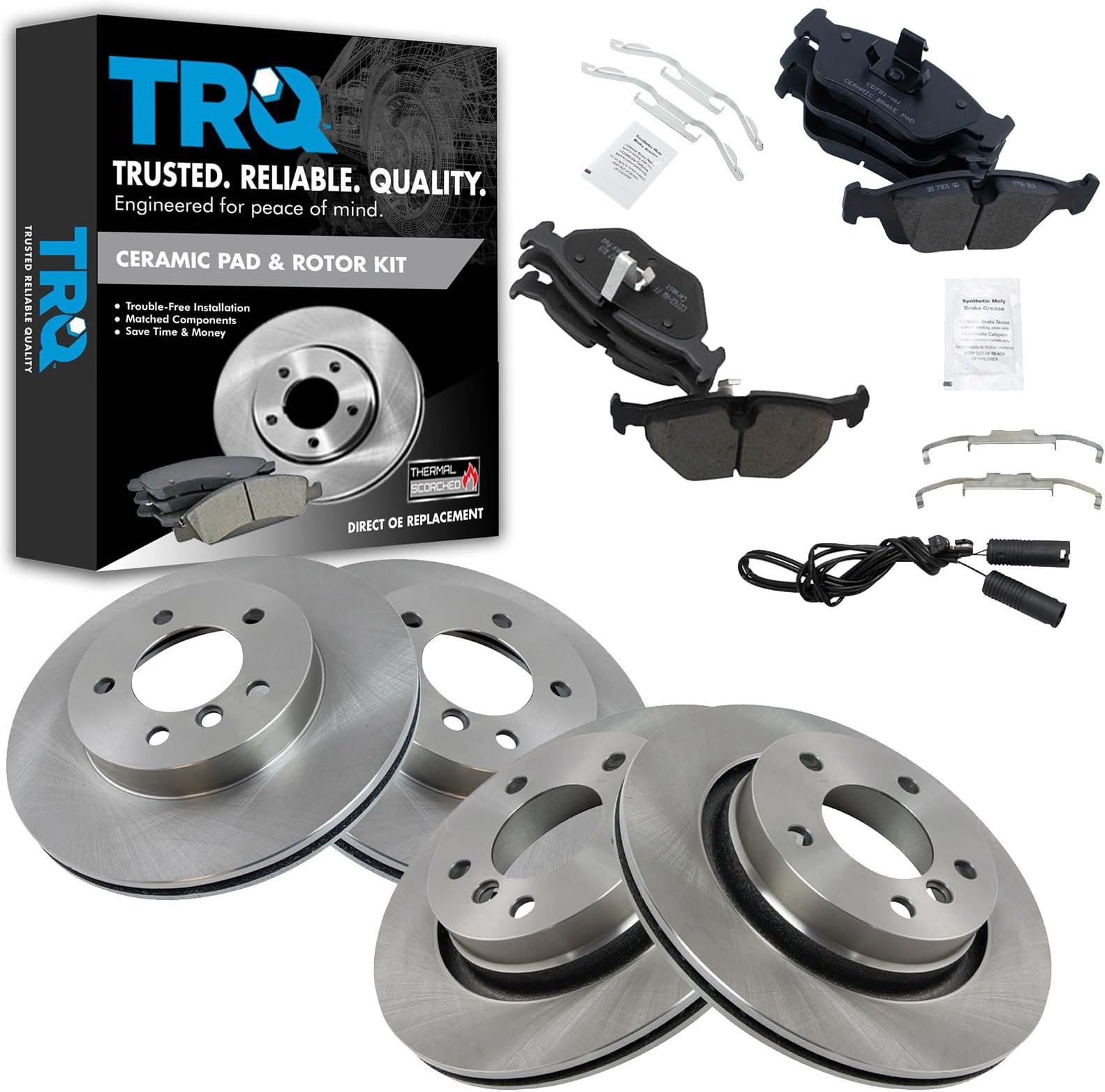 TRQ Front and Rear Brake Pad & Rotor Kit Brake Pads Brake Rotor Ceramic Compatible with 2000 BMW 323Ci 323i 2001-2006 325Ci 2001-2005 325i 328Ci