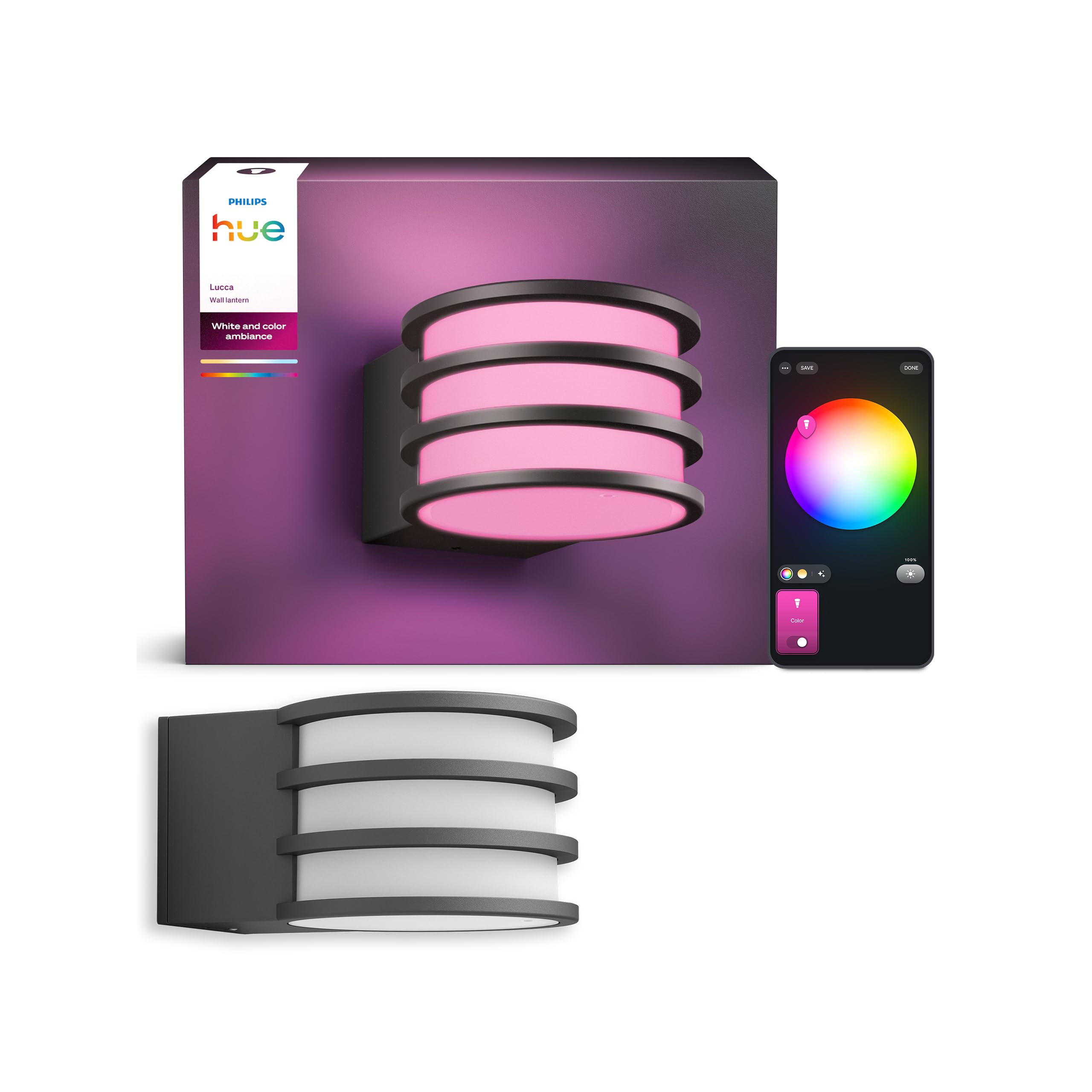 Philips Hue Lucca LED Wandleuchte für den Außenbereich, Einstellbares Weißes und Buntes Licht, 1.100 lm, mit A60 Leuchtmittel, Dimmbar, IP44-Wetterfest, Matter-zertifiziert, Zigbee