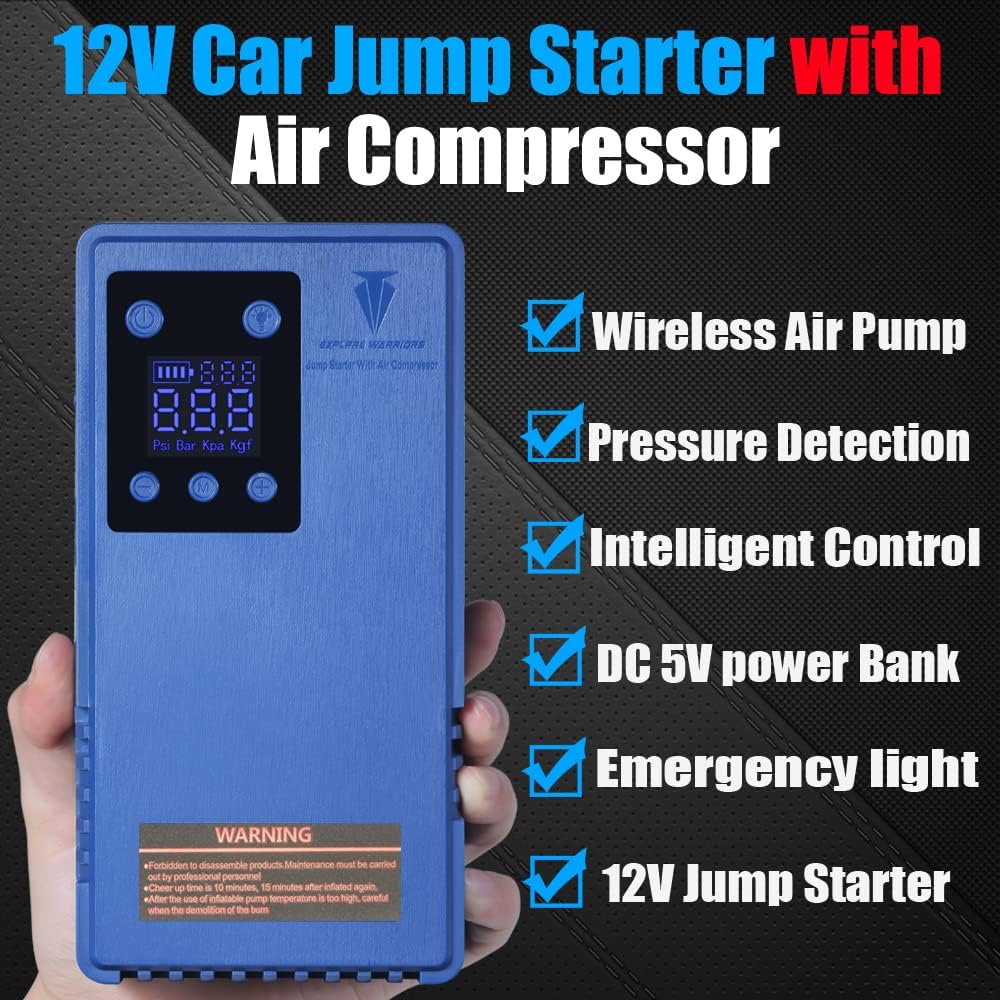 Tire Inflator Portable Air Compressor with Jump Starter Multi-Function Air Pump for Car Tires Accessories 12V Tire Pump with Digital Pressure Gauge with Power Bank with Battery Booster