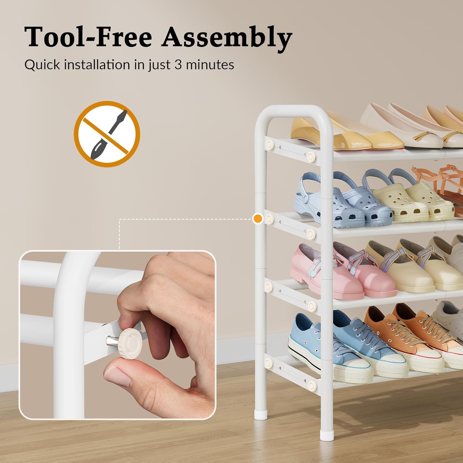 Gewudraw Shoe Rack for Closet,4 Tier Shoe Organizer, 28“ Metal Shelf Can Expandable to 42“, for Bedroom, Entryway, Living Room, Garage, Adjustable to 24 Pairs Shoes, White