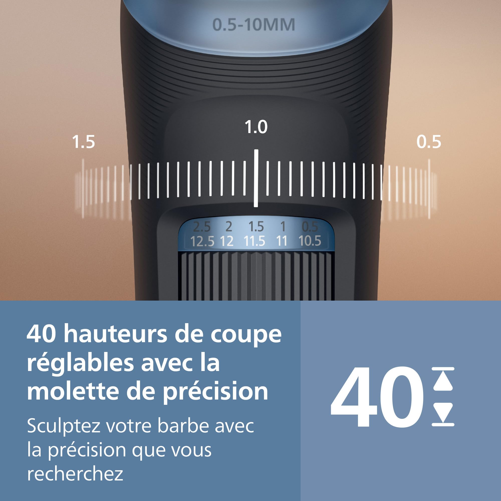 Philips Tondeuse à barbe série 3000 - Lames en métal auto-affûtées, 40 hauteurs de coupe réglables, Sabot Lift & Trim, 100% étanche, Indicateur d’autonomie, Recharge par USB, Modèle BT3660/15