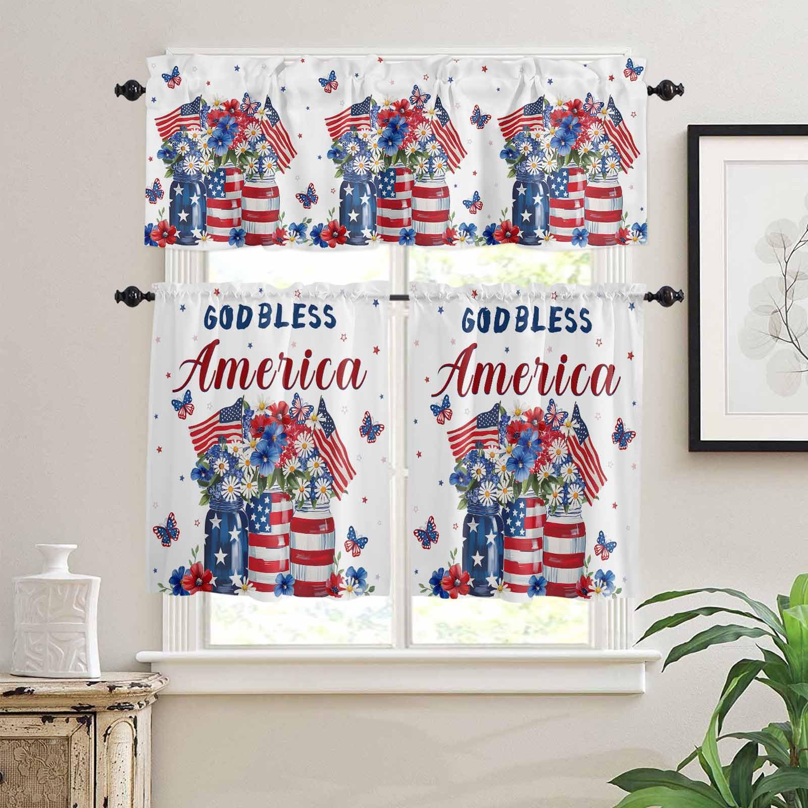 4th of July Kitchen Curtains 24 Inch Length,3 Piece Rod Pocket Small Half Tiers and Valance Set,Independence Day Blue Red US Flag Spring Floral Small Large Window Treatment Decor for Bedroom/Bathroom