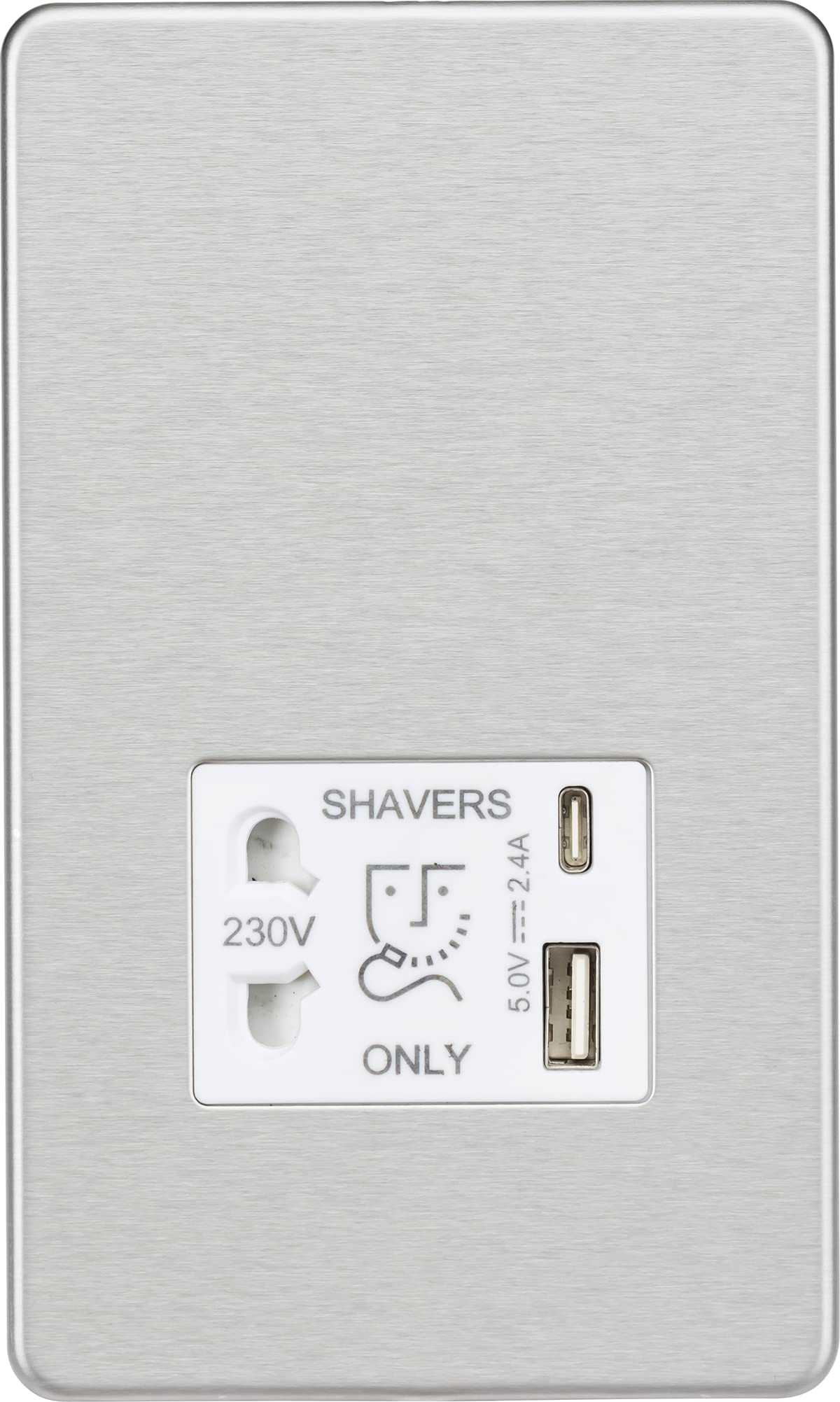 Knightsbridge Screwless Shaver socket with dual USB A+C (5V DC 2.4A shared) - brushed chrome with white insert