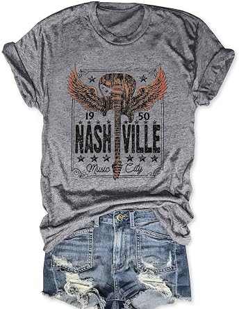 Women Nashville Shirts Vintage Country Music T Shirt Short Sleeve Rock Band Tops