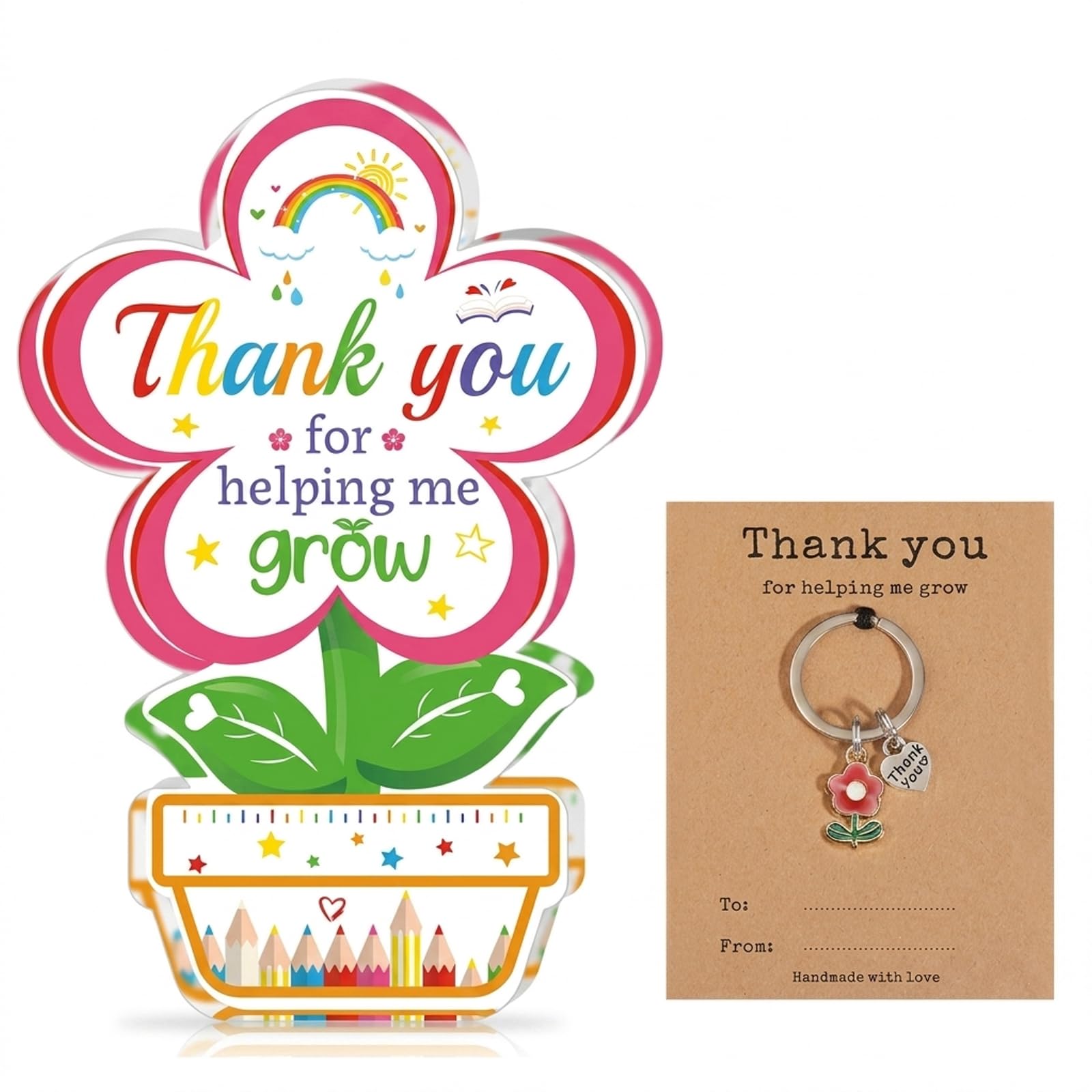 Thank You for Helping Me Grow, Teacher Gifts, 2 Pcs Thoughtful Teacher Appreciation Gifts for Classroom Environment Enhancement, Desk Decoration with Ornament and Keychain Cards